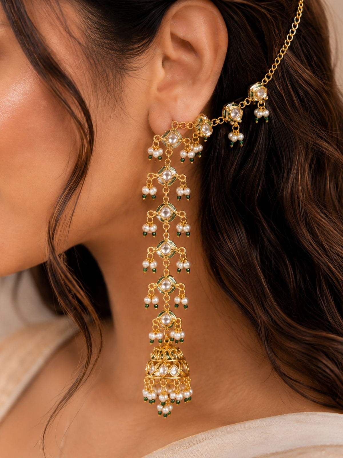 Kundan pearl ear chain jhumka earrings – view 5