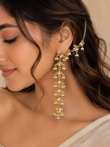Kundan pearl ear chain jhumka earrings – view 1