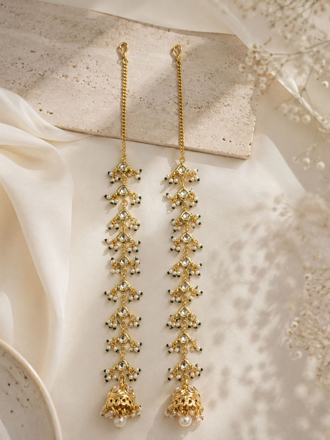Kundan pearl ear chain jhumka earrings – view 1