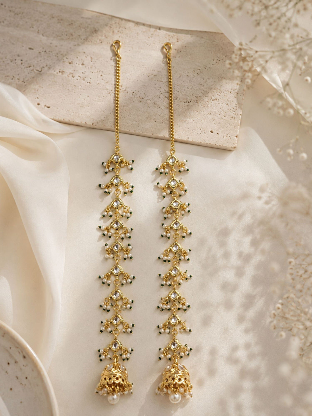 Kundan pearl ear chain jhumka earrings – view 2