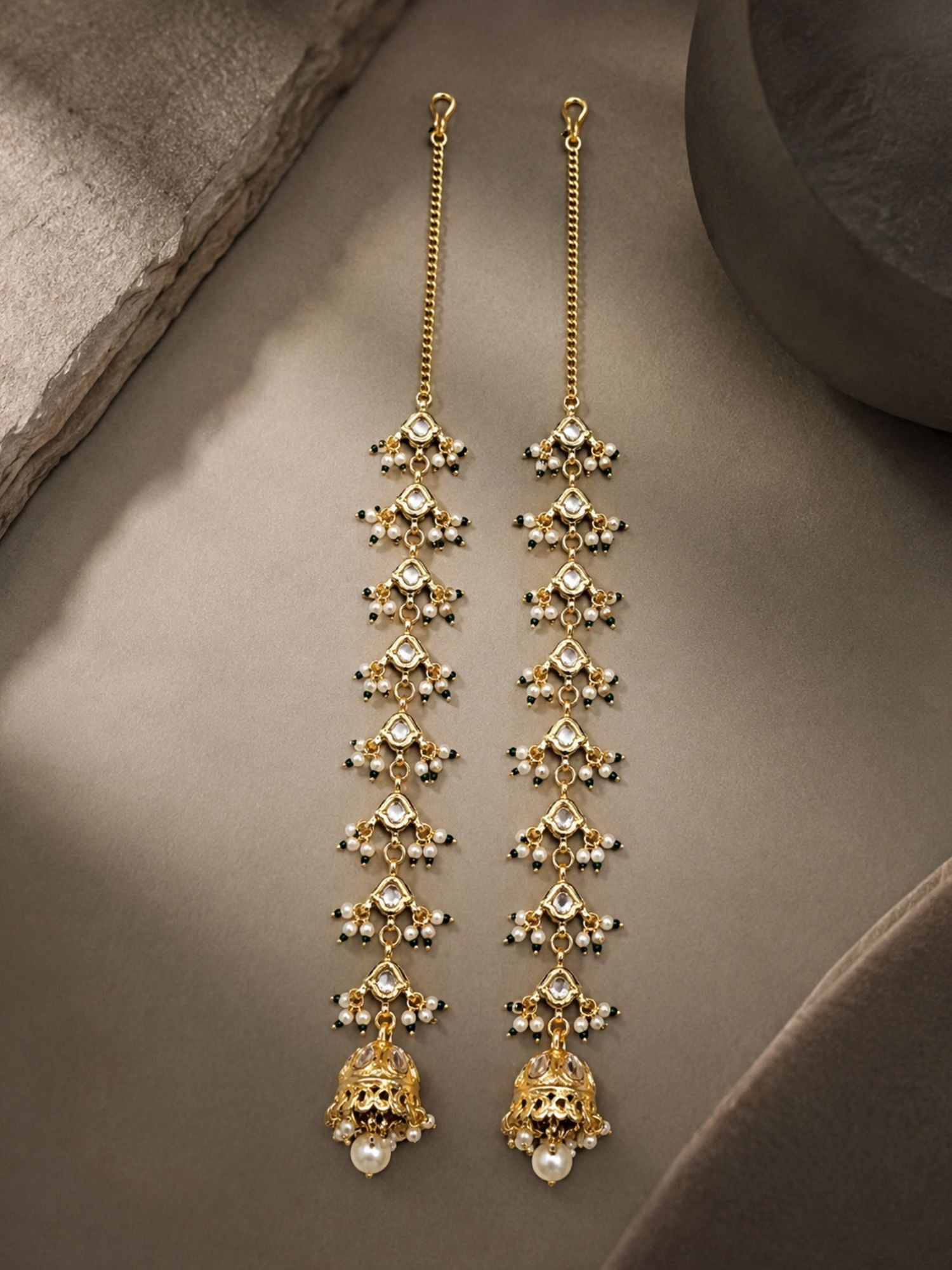 Kundan pearl ear chain jhumka earrings – view 4