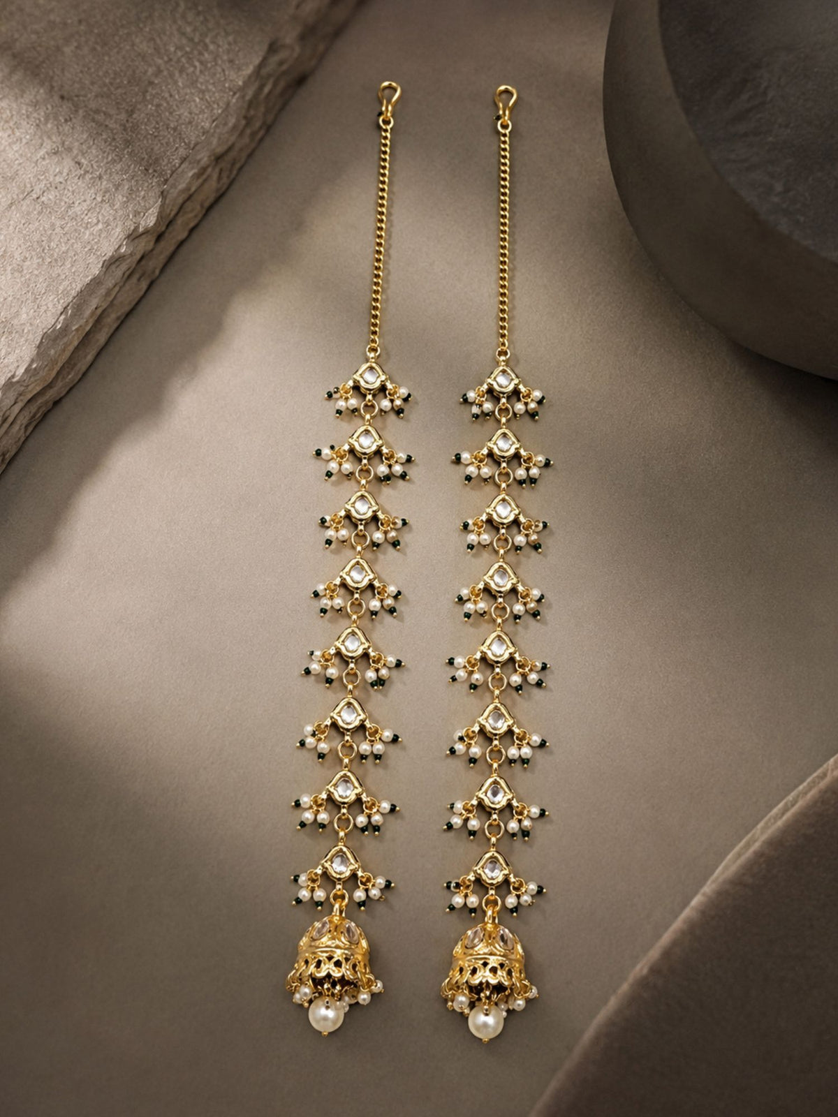 Kundan pearl ear chain jhumka earrings – view 4