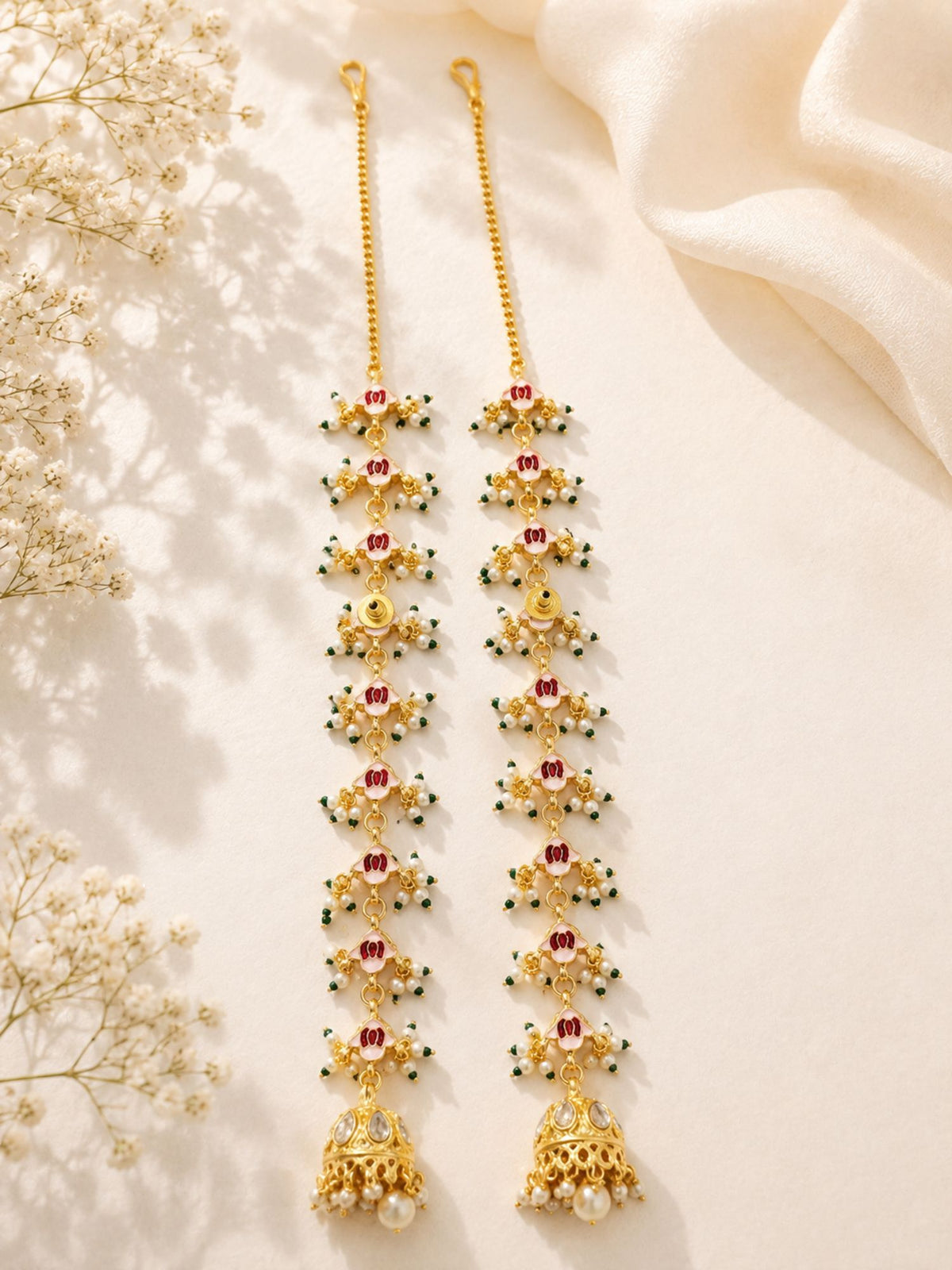 Kundan pearl ear chain jhumka earrings – view 6