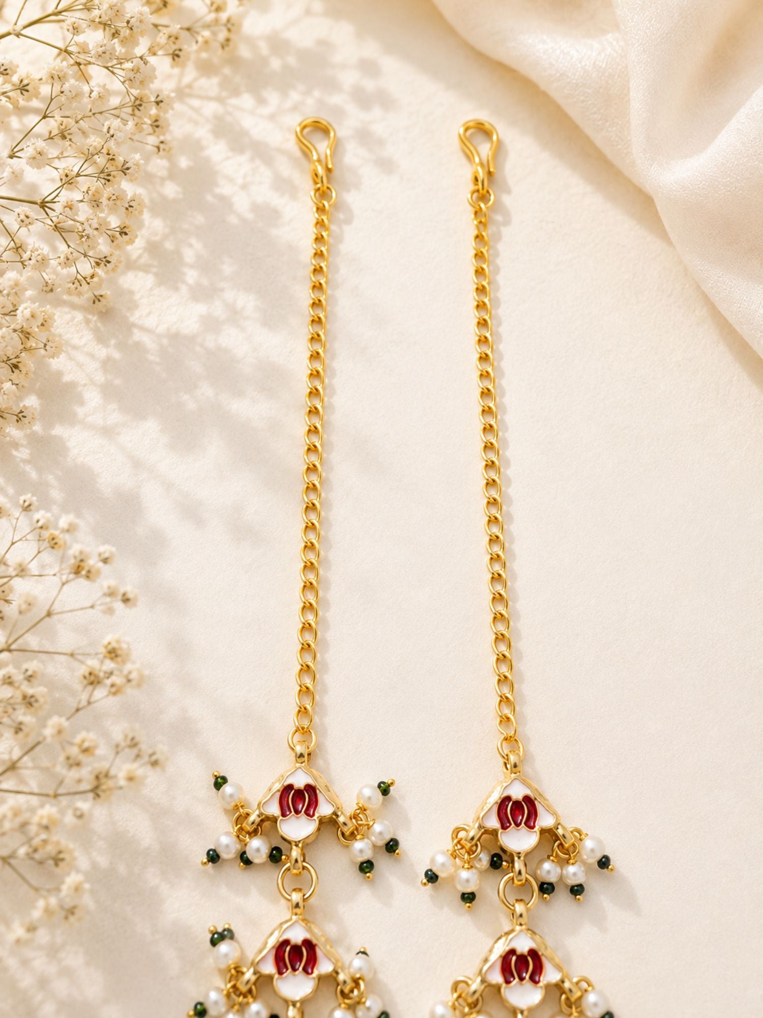 Kundan pearl ear chain jhumka earrings – view 7