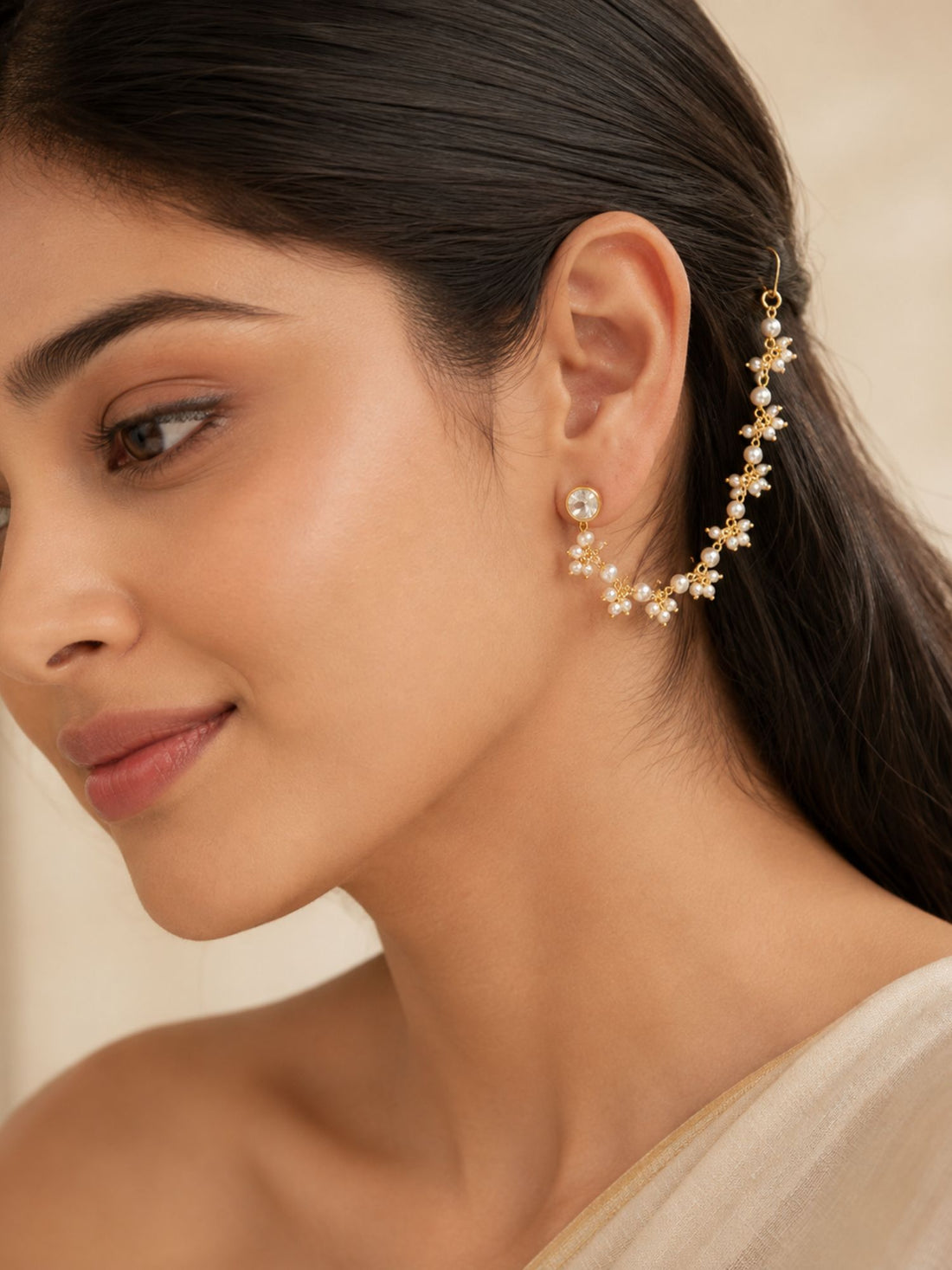 Gold plated Kundan pearl ear chain – view 1