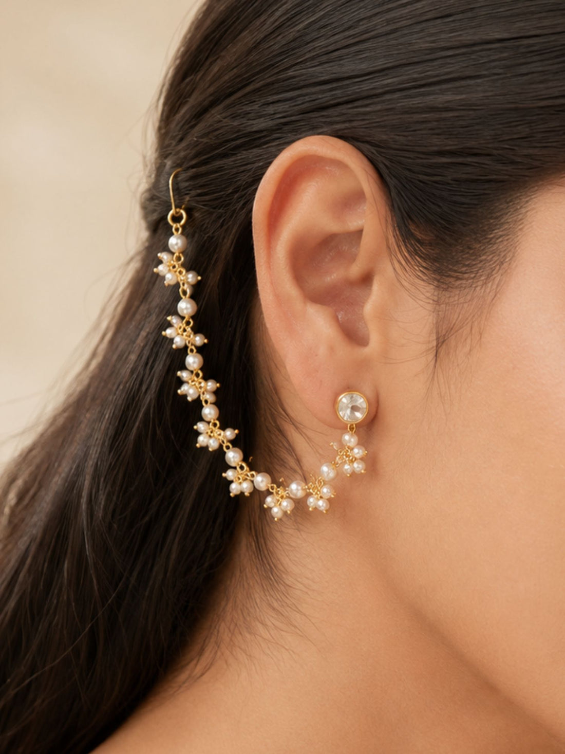 Gold plated Kundan pearl ear chain – view 1
