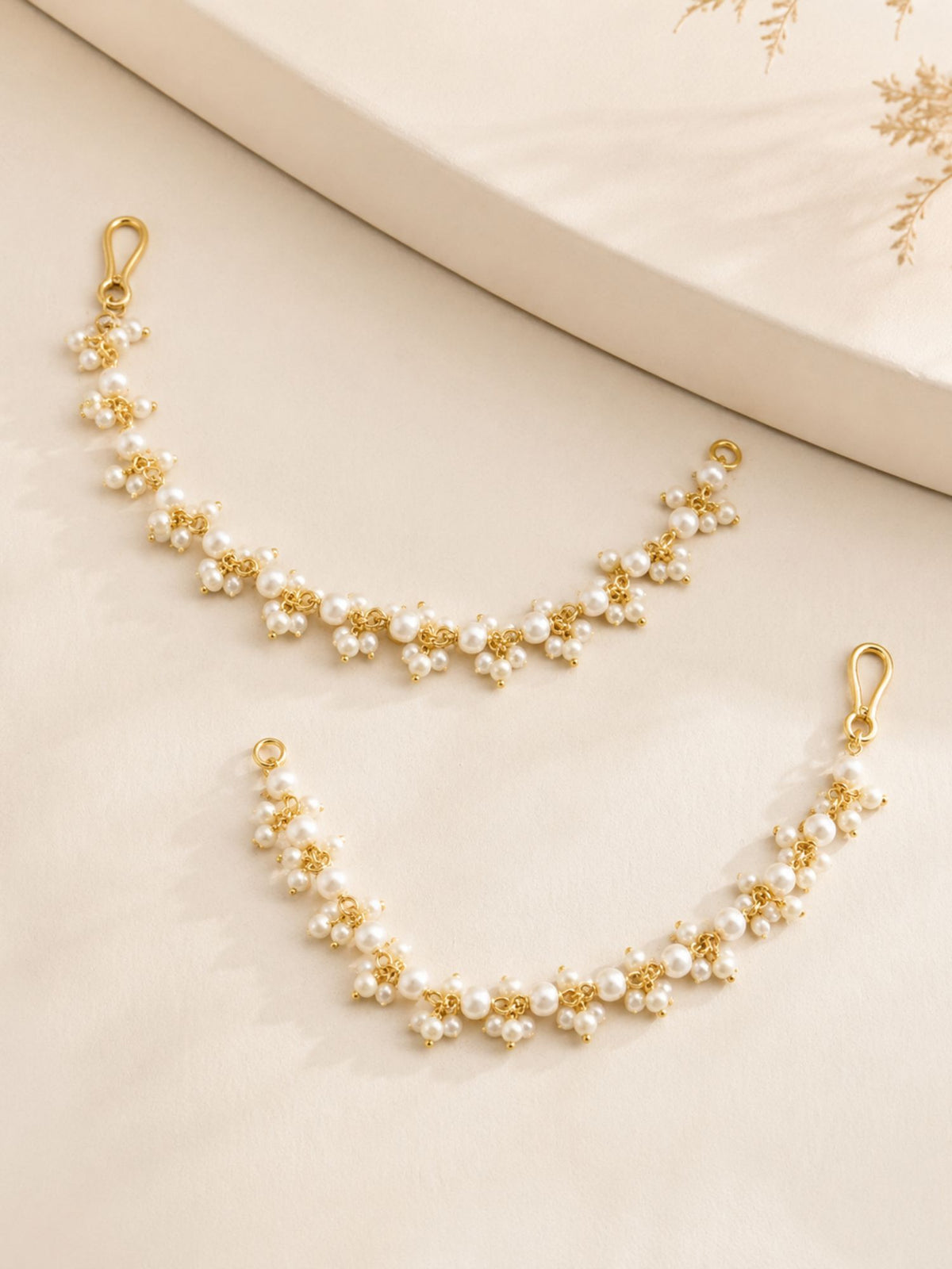Gold plated Kundan pearl ear chain – view 3