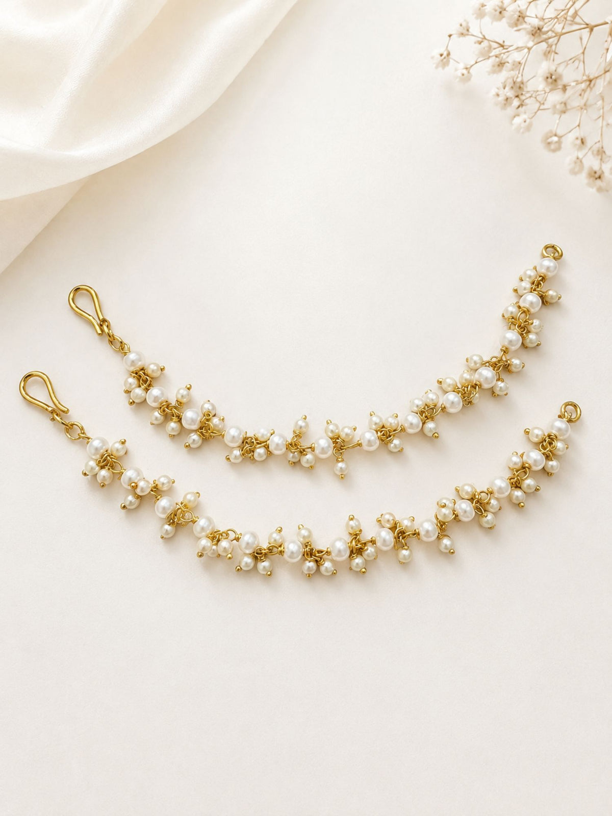 Gold plated Kundan pearl ear chain – view 4
