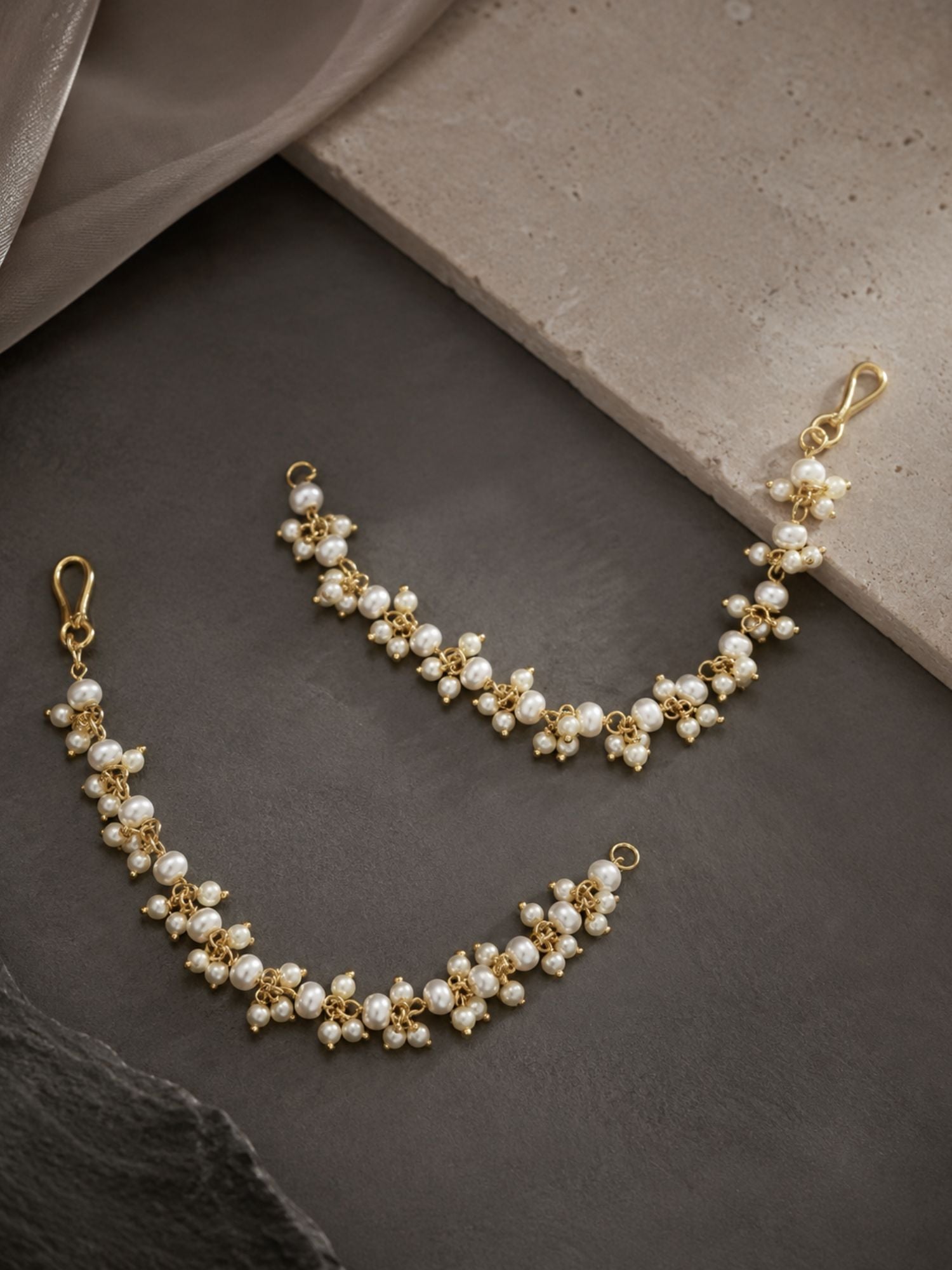 Gold plated Kundan pearl ear chain – view 5