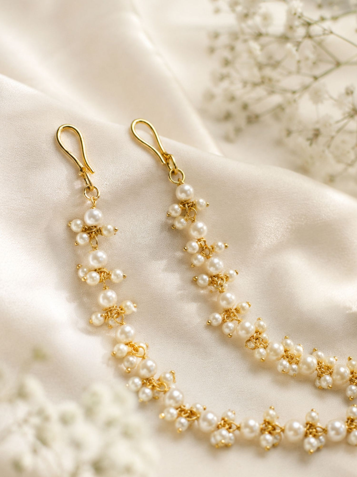 Gold plated Kundan pearl ear chain – view 6