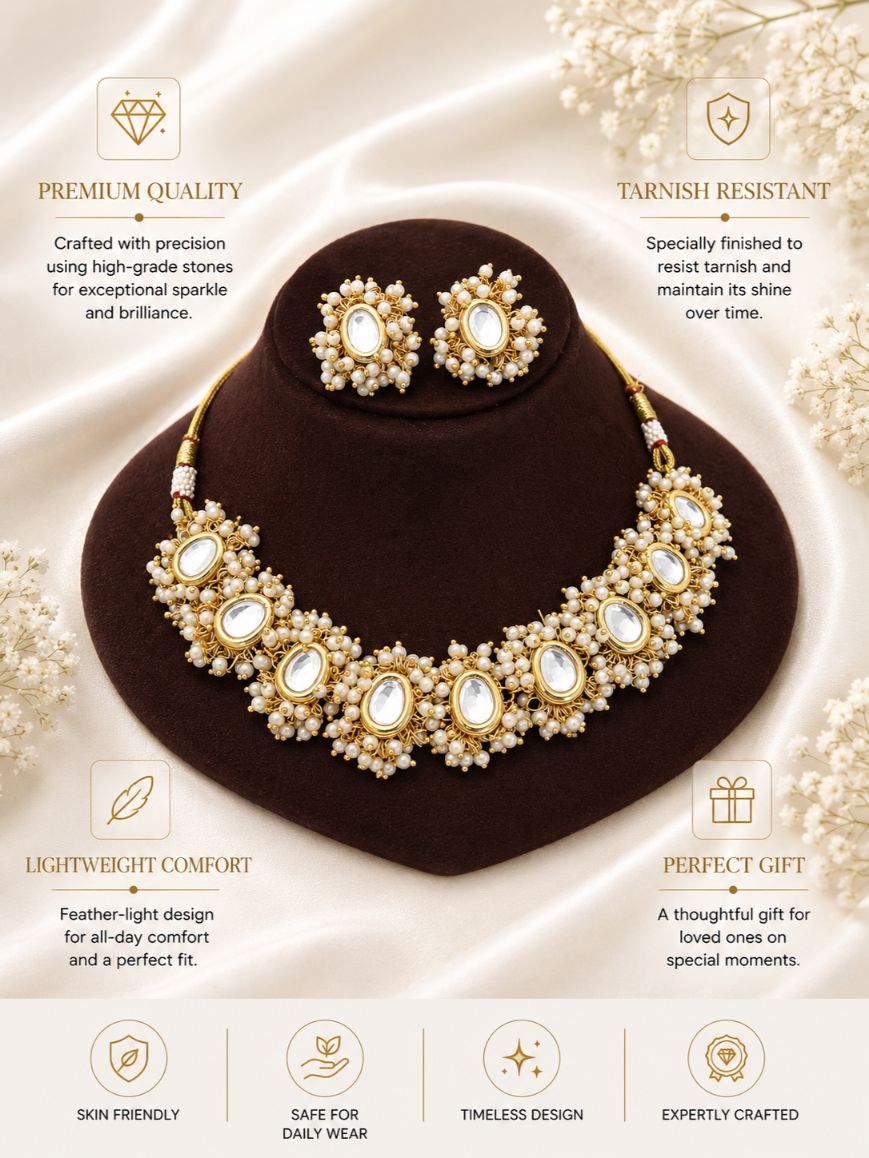 Abdesigns Bridal White Kundan Pearl Choker Set
