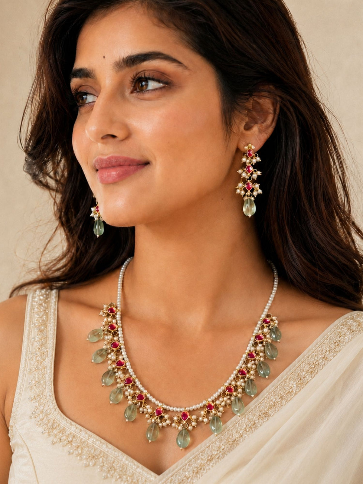 Pink Kundan necklace set with mint green beads and pearls – view 2