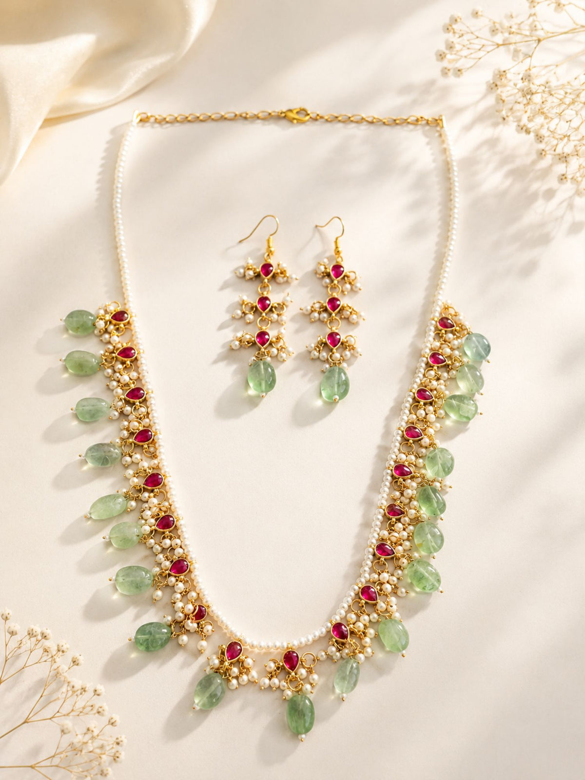 Gold plated pink Kundan and pearl necklace set for weddings – view 3