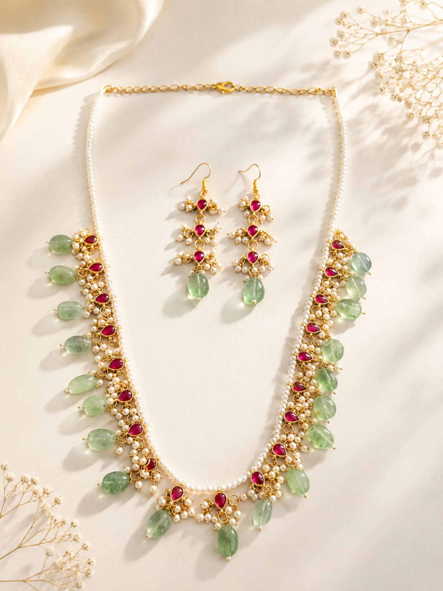 Gold plated pink Kundan and pearl necklace set for weddings – view 3