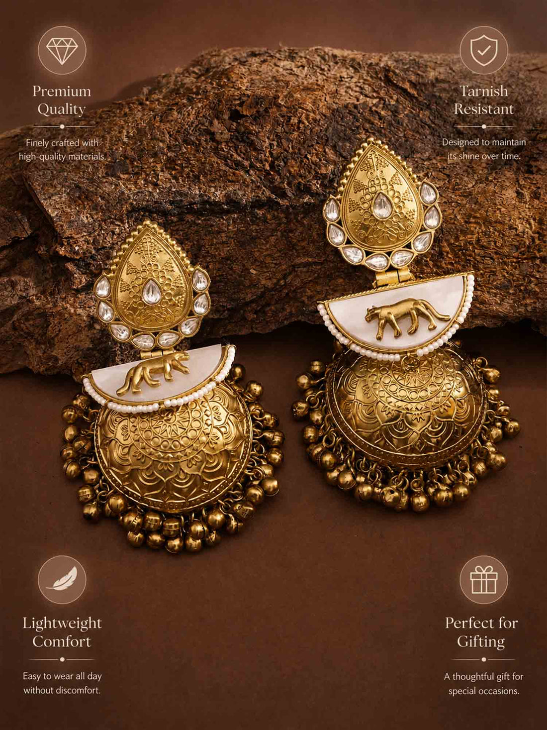 Sabyasachi Style Gold Plated Jhumka Earrings with intricate design worn by model with floral hair accessory