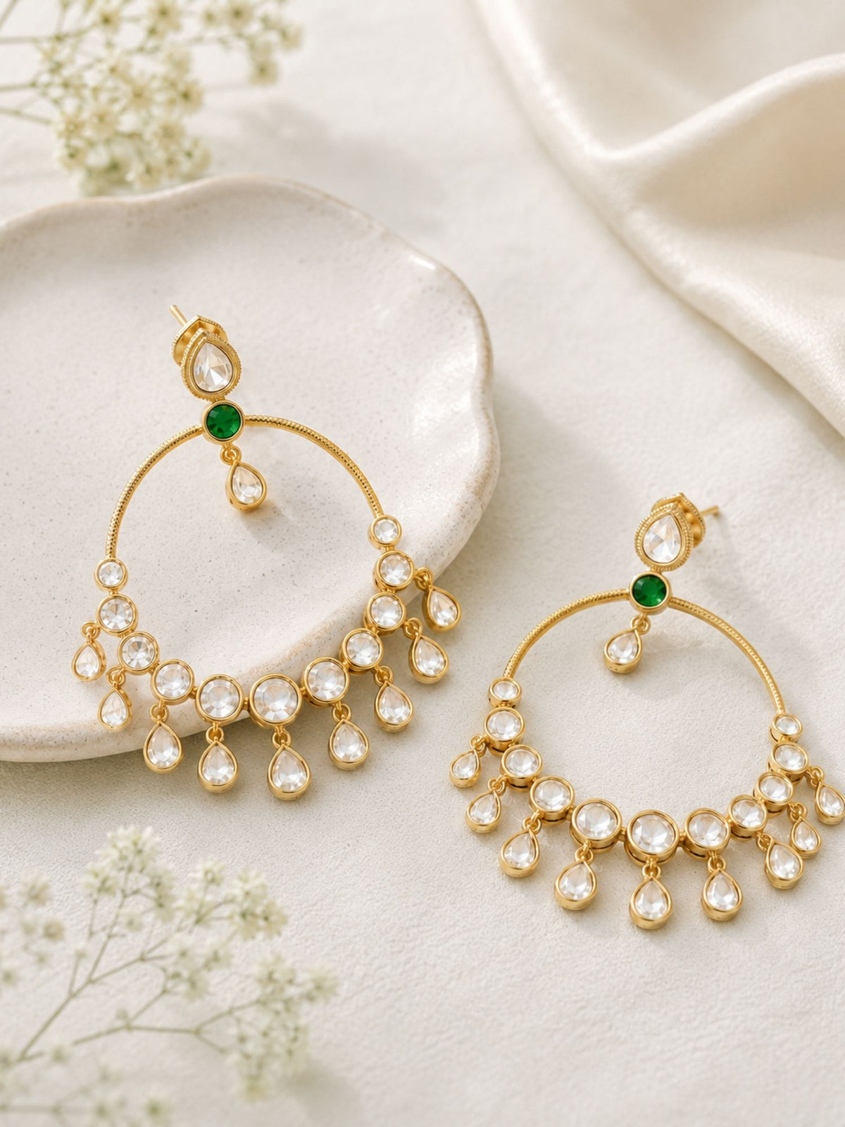 Green Kundan chandbali earrings with pearl-style accents – view 4