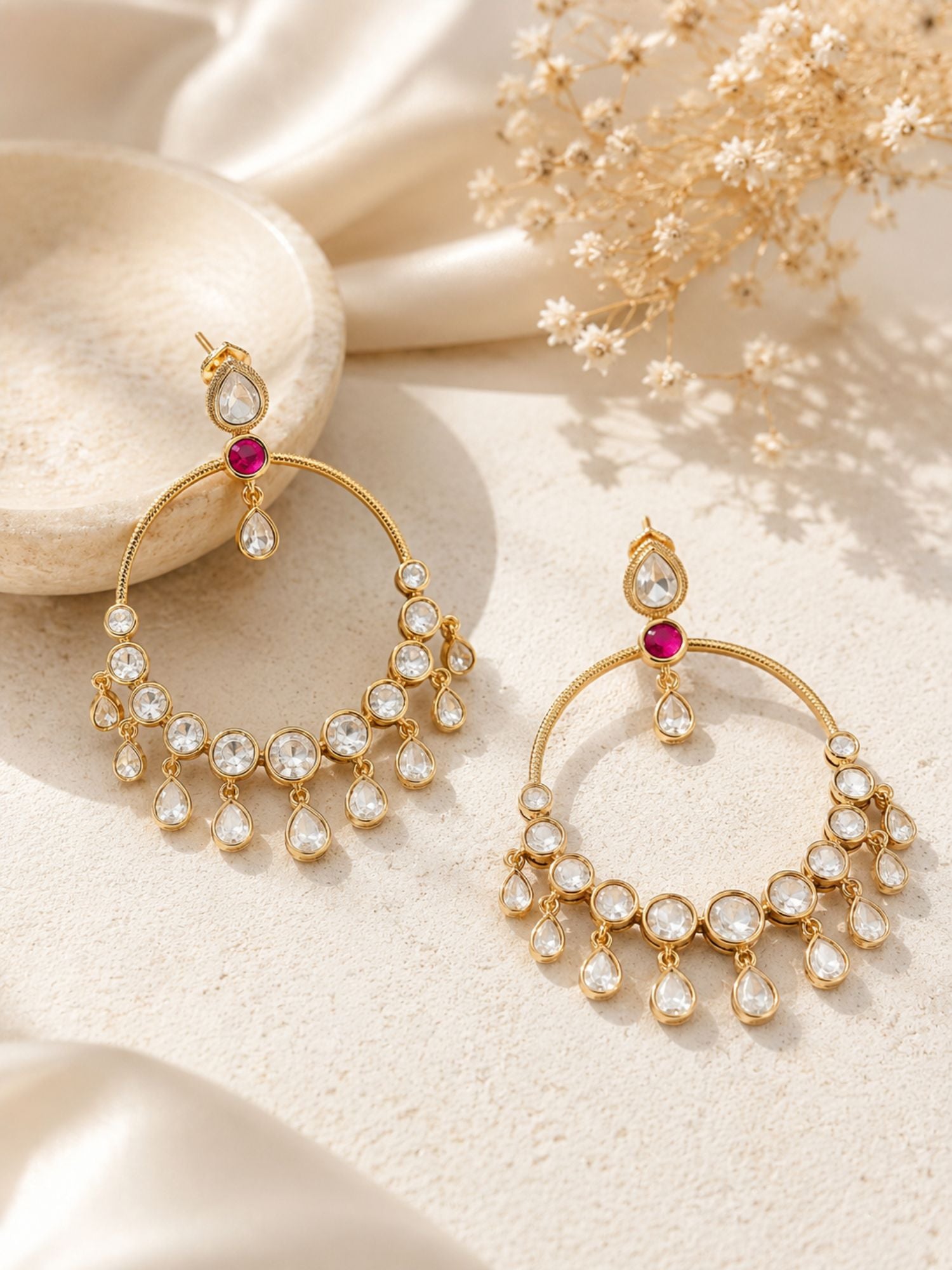 Red chandbali earrings with textured Kundan-style stonework – view 7