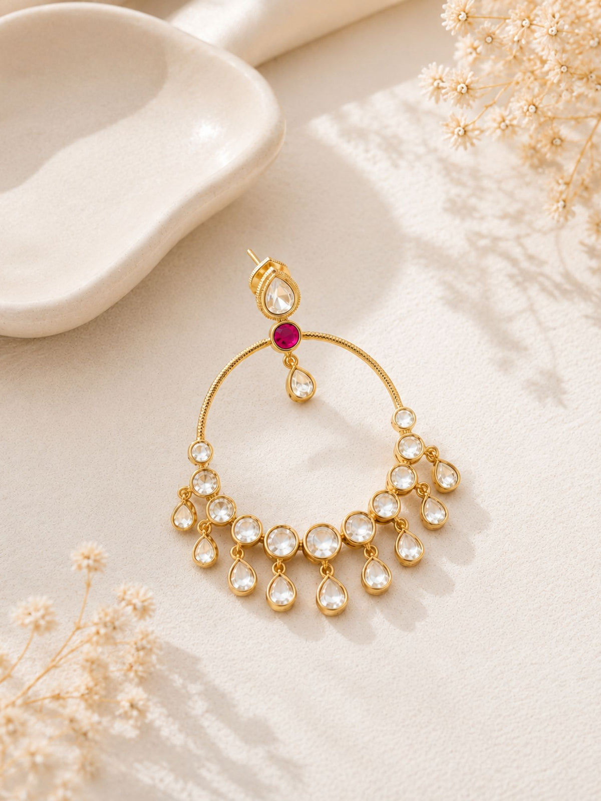 Red Kundan chandbali earrings for weddings and festive wear – view 9