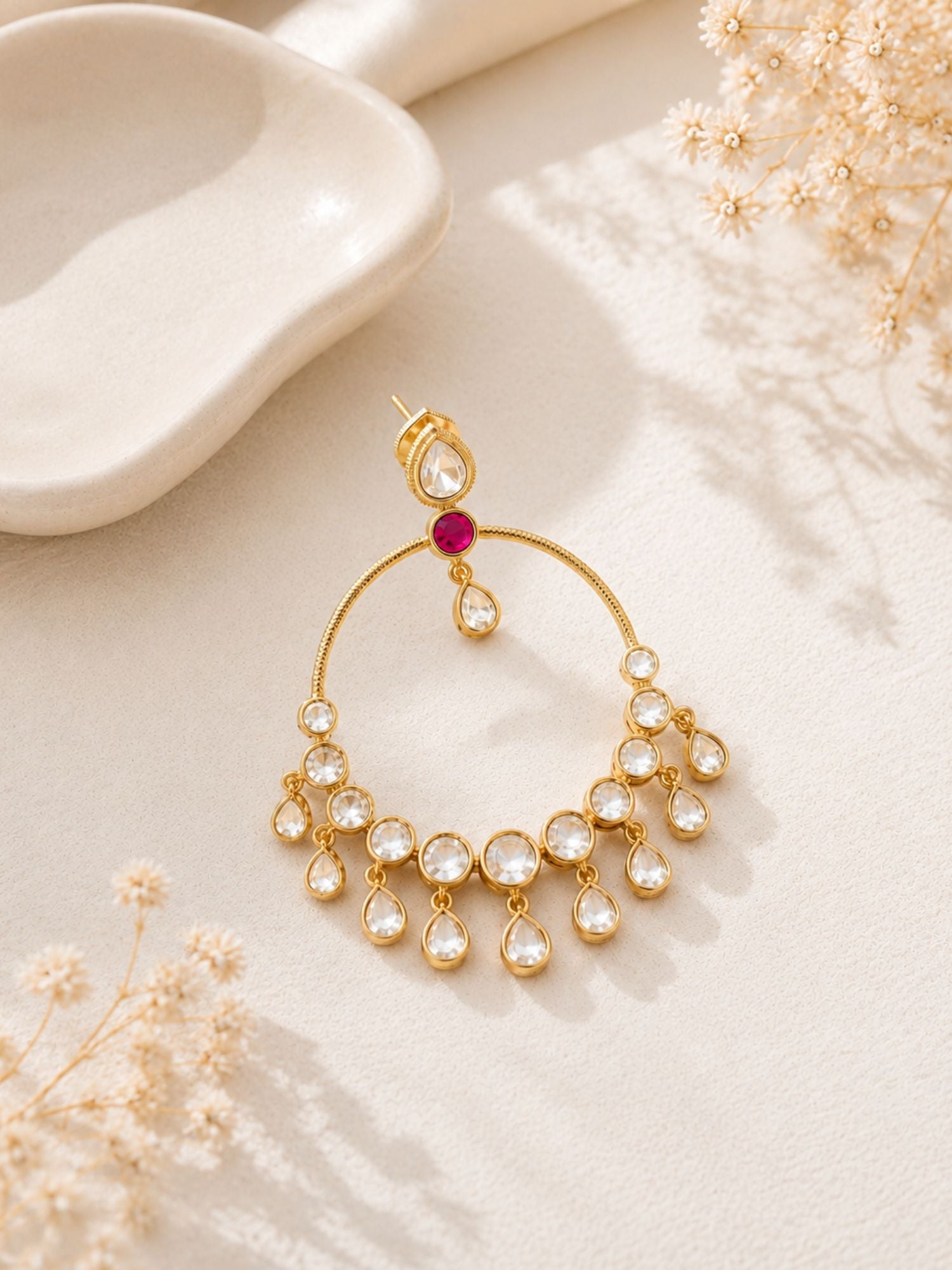 Red Kundan chandbali earrings for weddings and festive wear – view 9