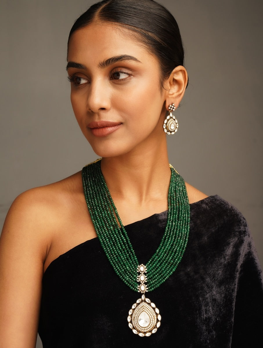 Beautiful Long Oxidsed Gold Plated Polki Emerald Green Mala