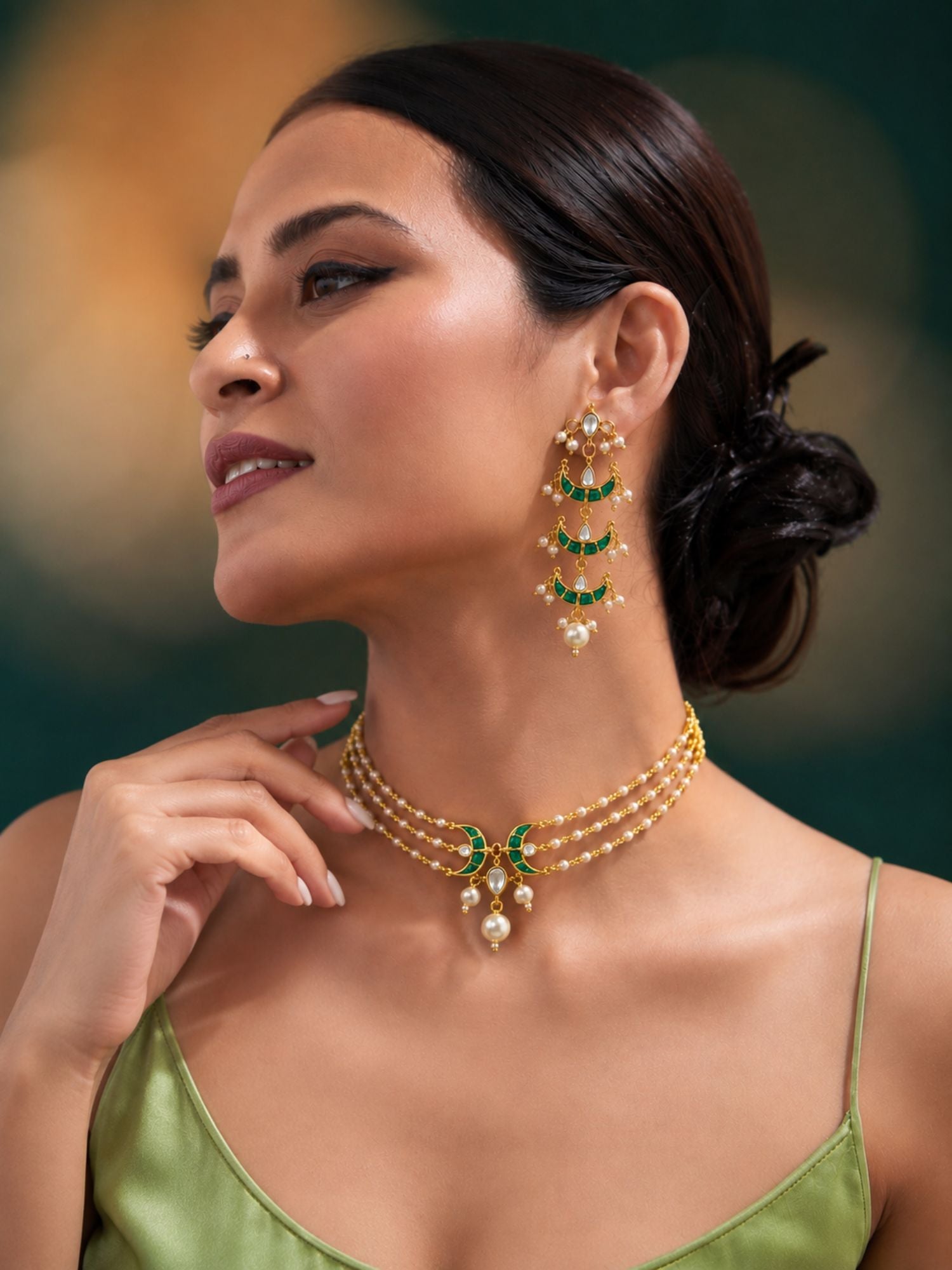 Gold Plated Kundan Chand Pearl Choker Necklace Set with Earrings