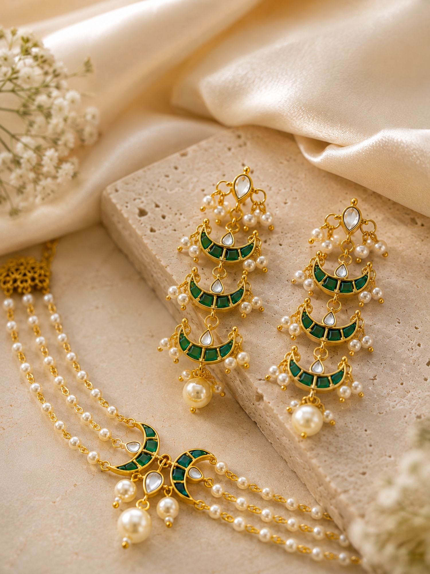 Gold Plated Kundan Chand Pearl Choker Necklace Set with Earrings