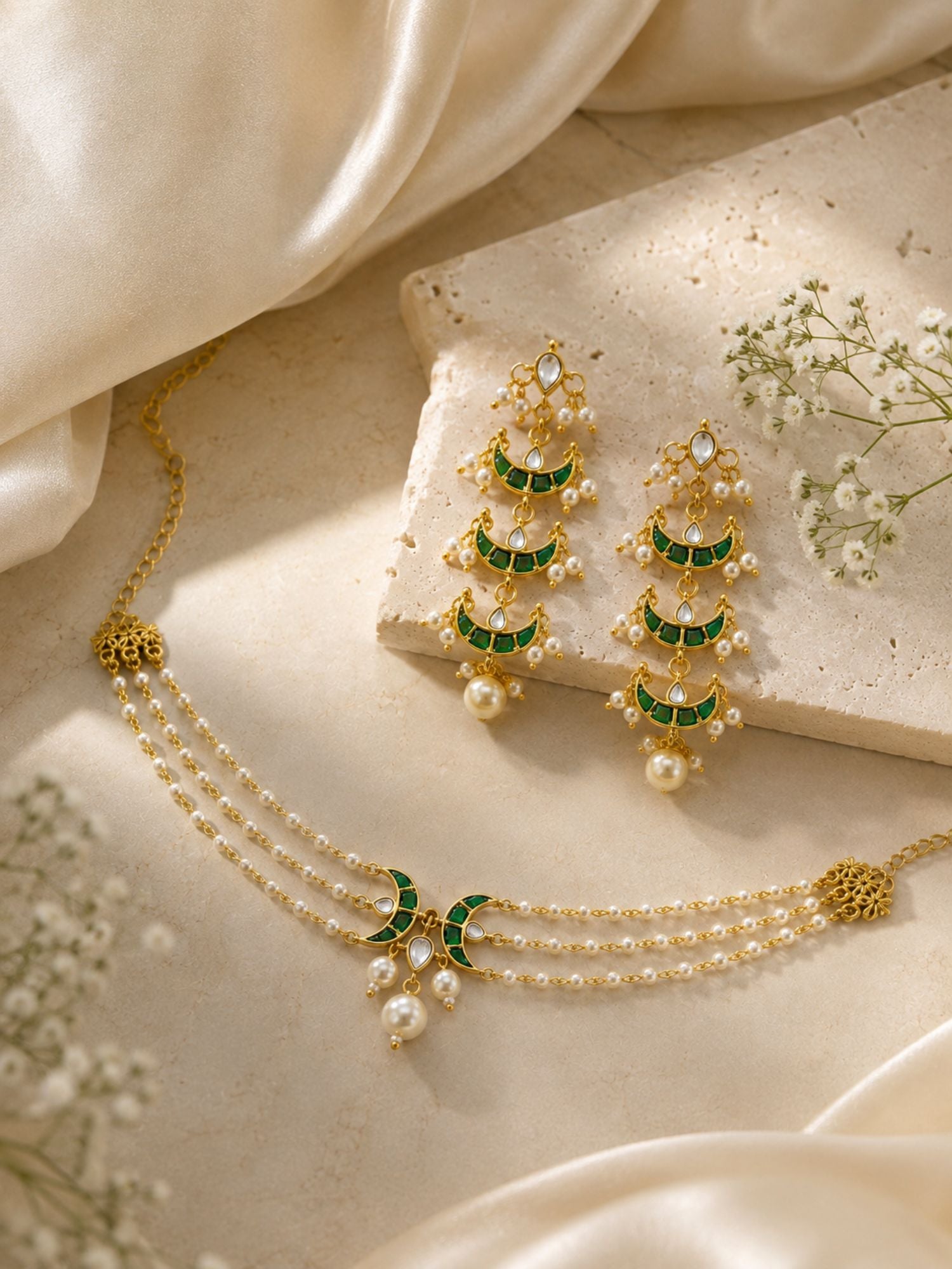 Gold Plated Kundan Chand Pearl Choker Necklace Set with Earrings