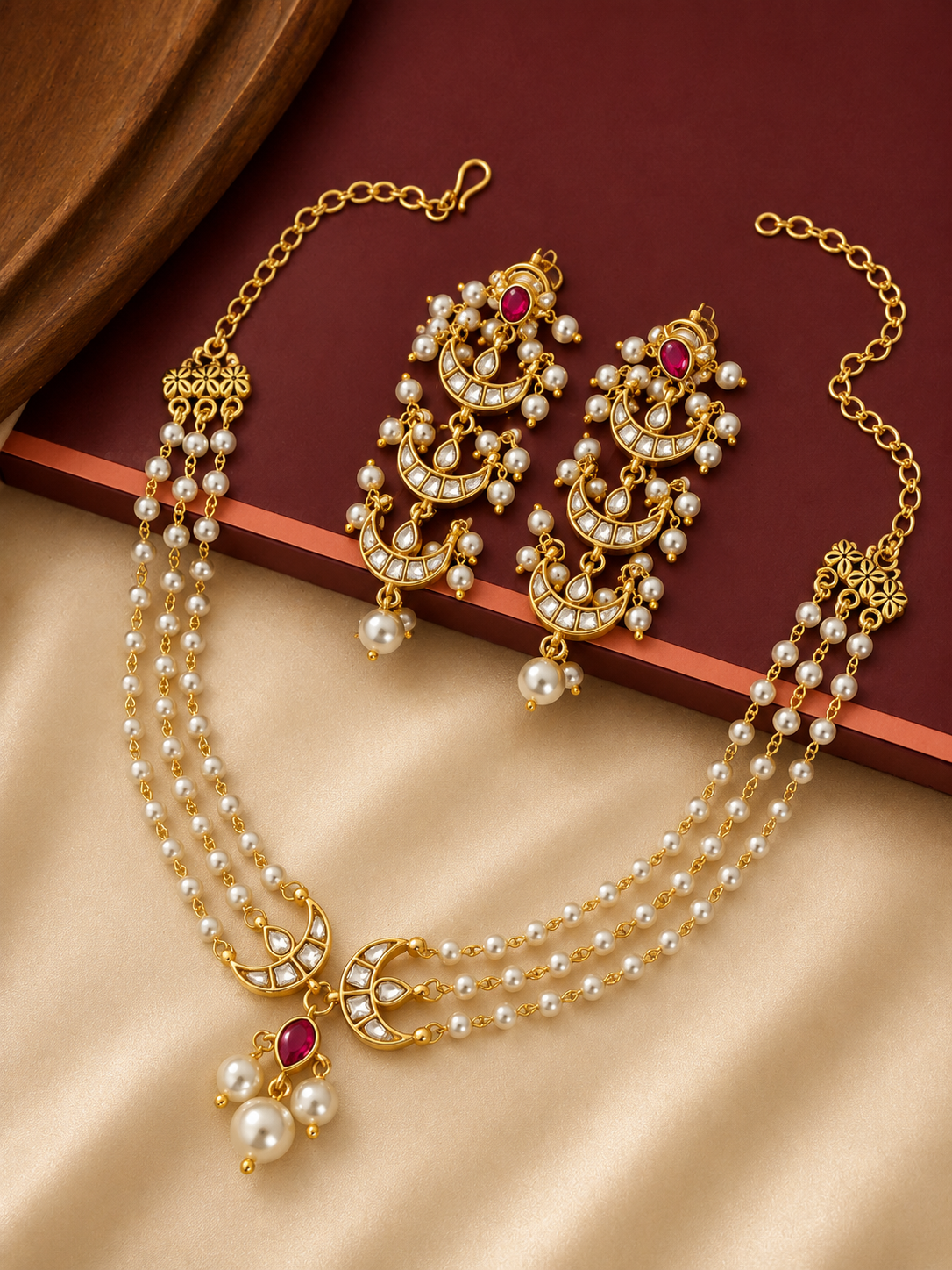 Abdesigns Pearl Layered Chand Necklace Set with Earrings