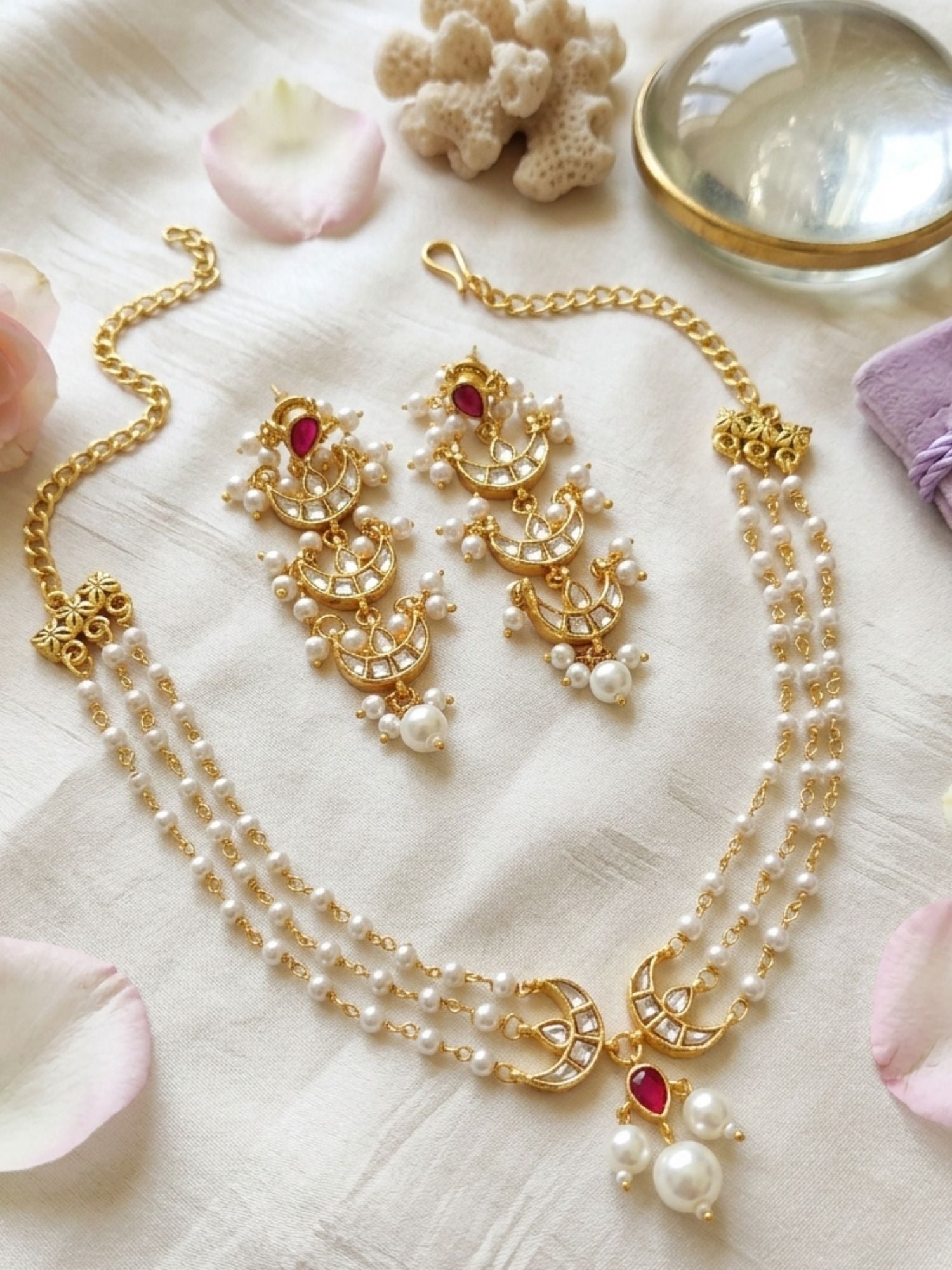 Abdesigns Pearl Layered Chand Necklace Set with Earrings