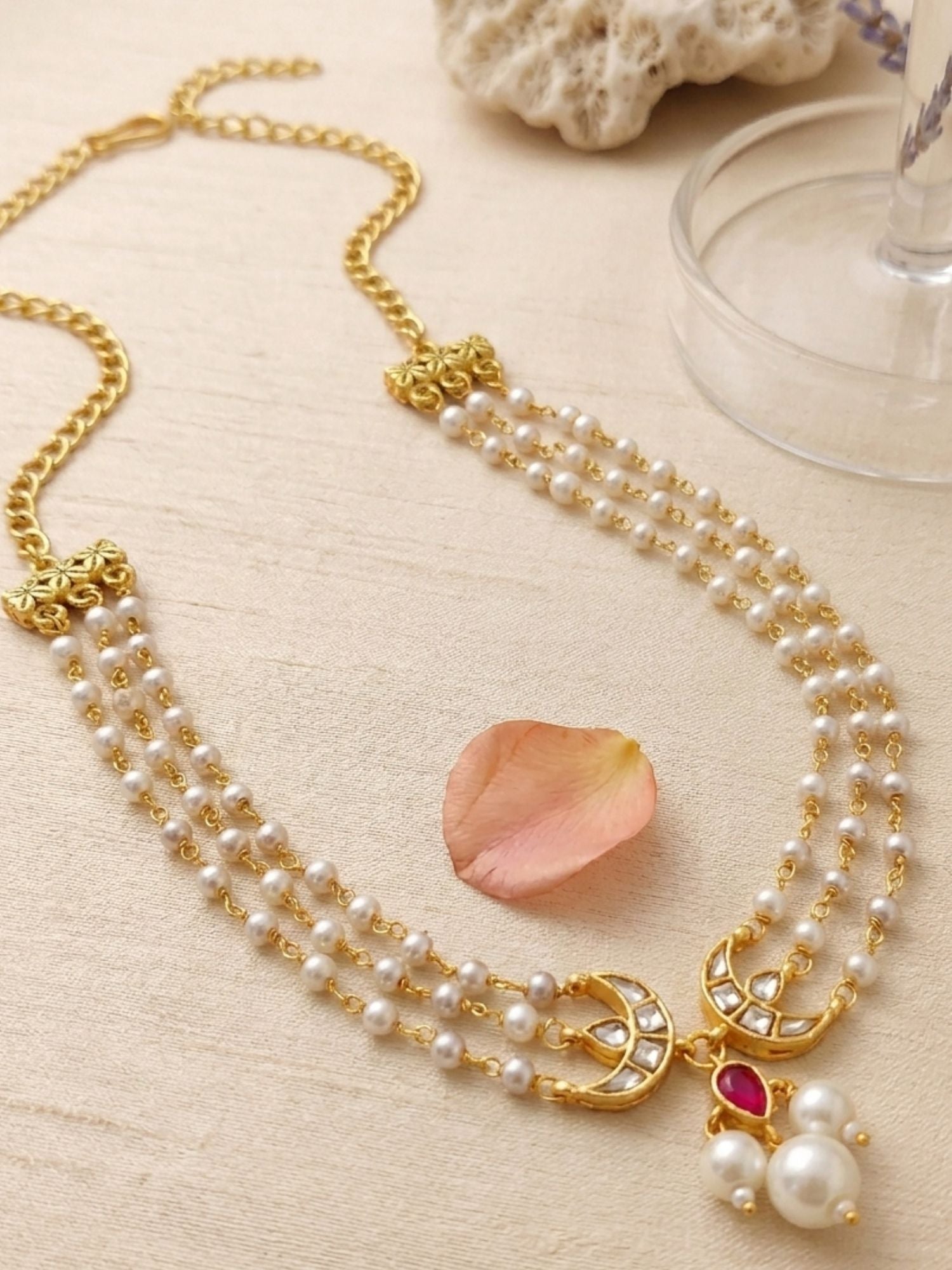 Abdesigns Pearl Layered Chand Necklace Set with Earrings