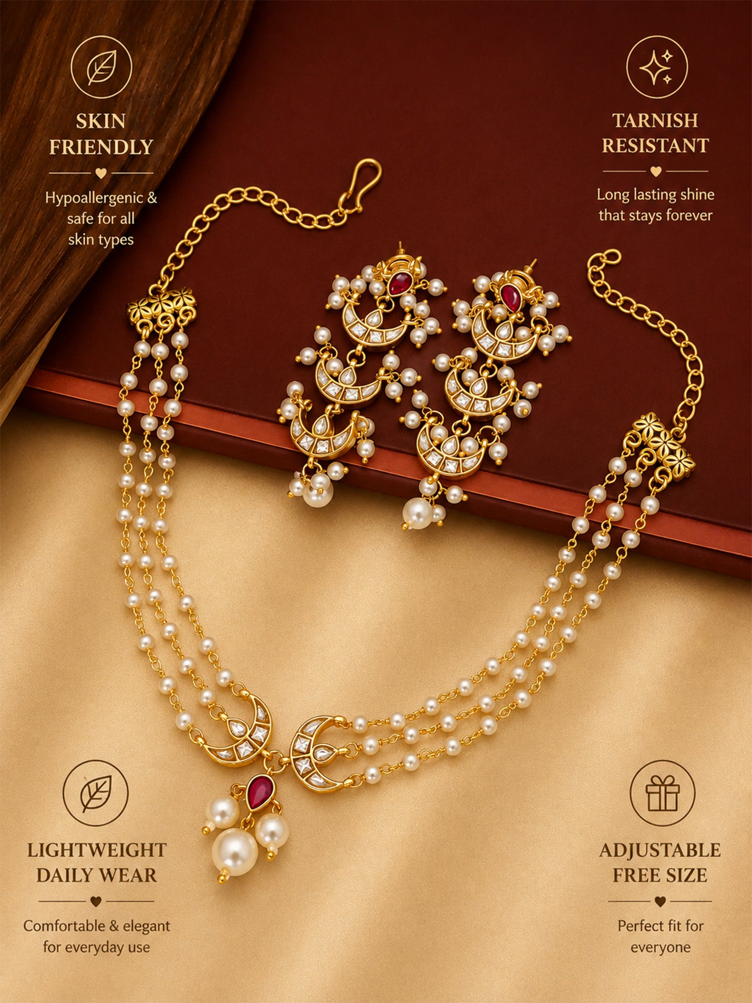 Abdesigns Pearl Layered Chand Necklace Set with Earrings