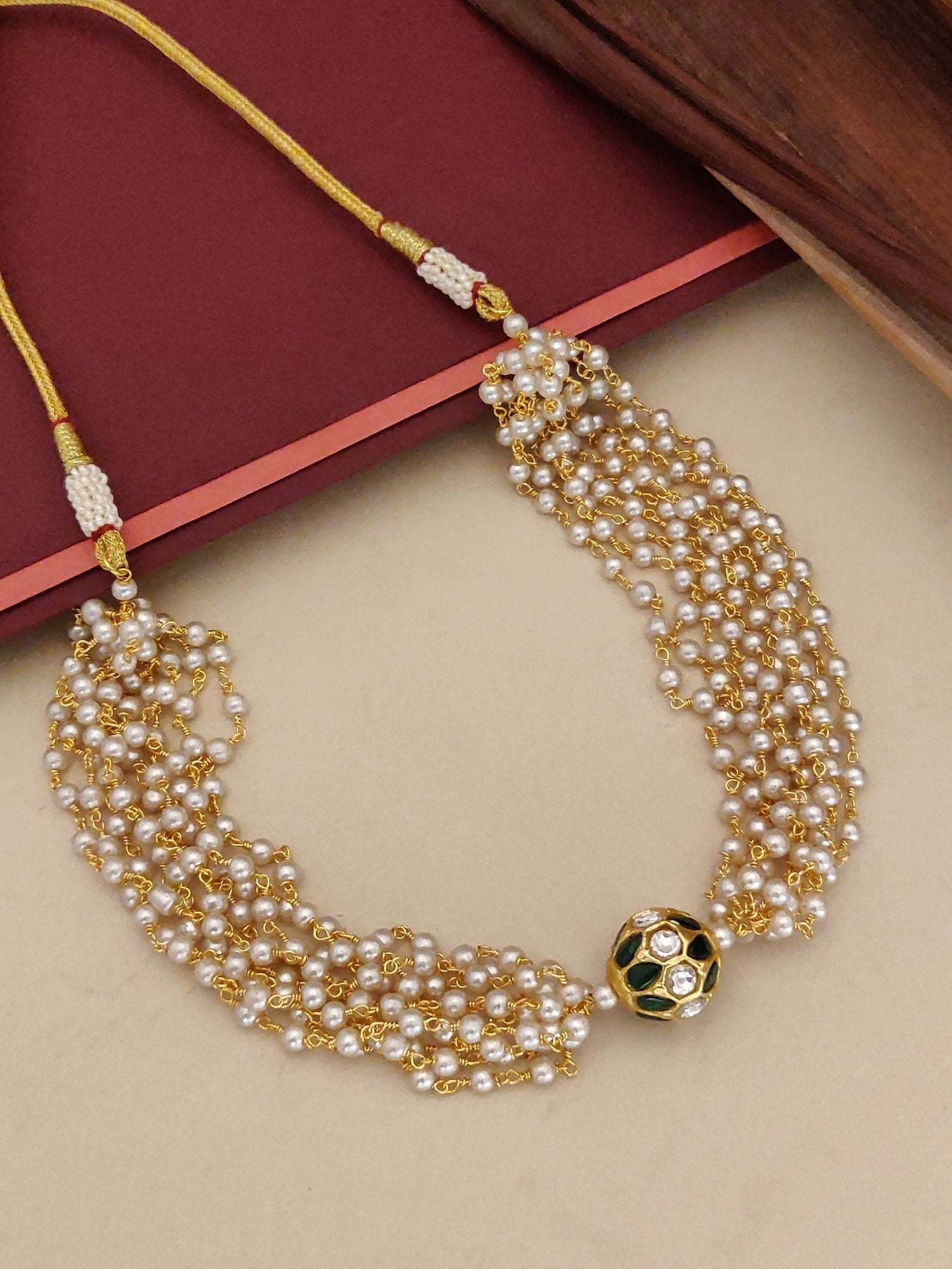 Abdesigns Multi Layer Pearl Choker Necklace with Kundan Bead