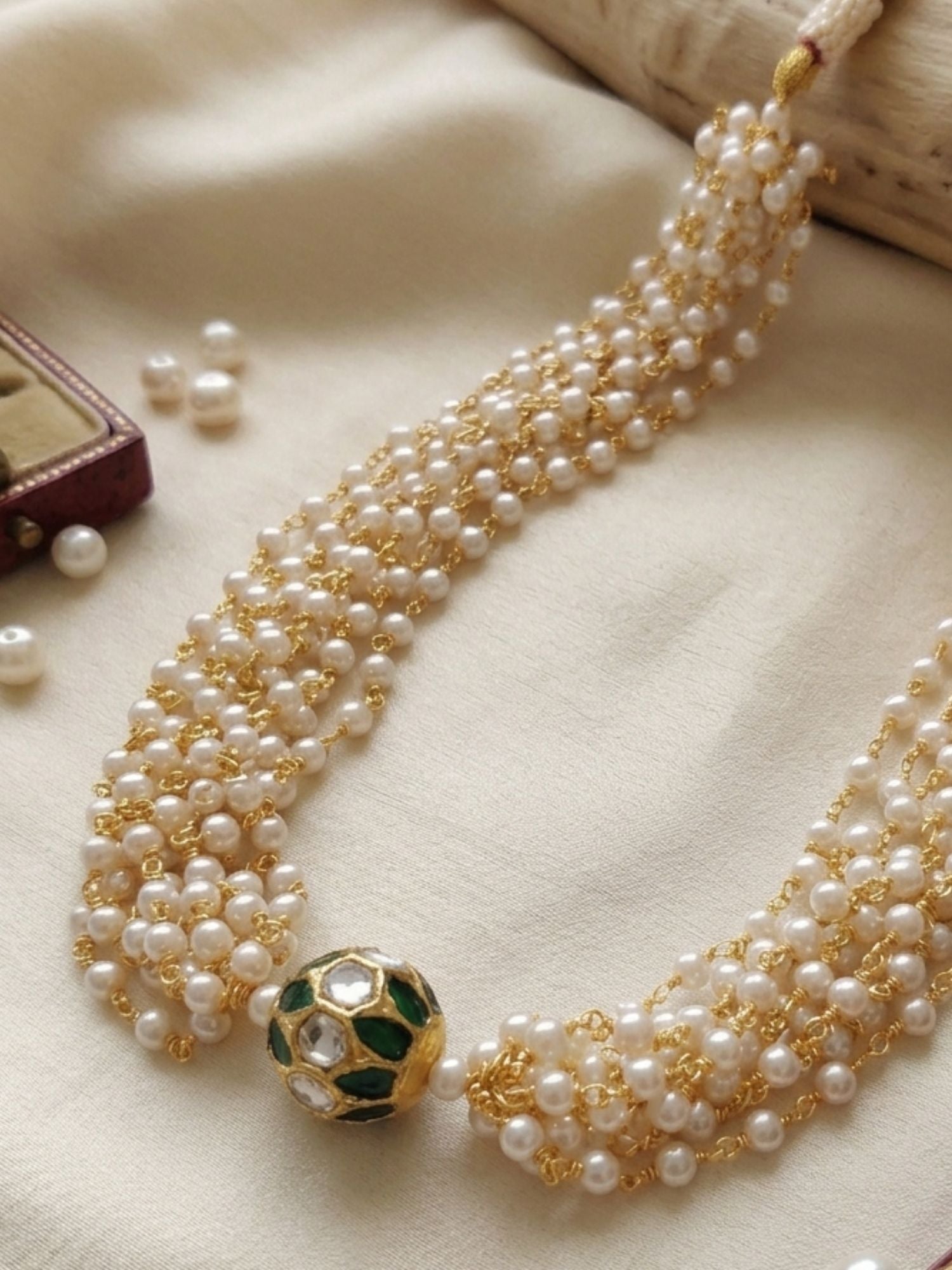 Abdesigns Multi Layer Pearl Choker Necklace with Kundan Bead