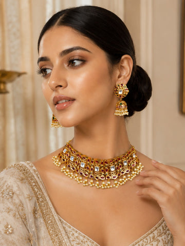 Traditional Bridal Gold Plated Kemp Choker Necklace Set | Abdesigns