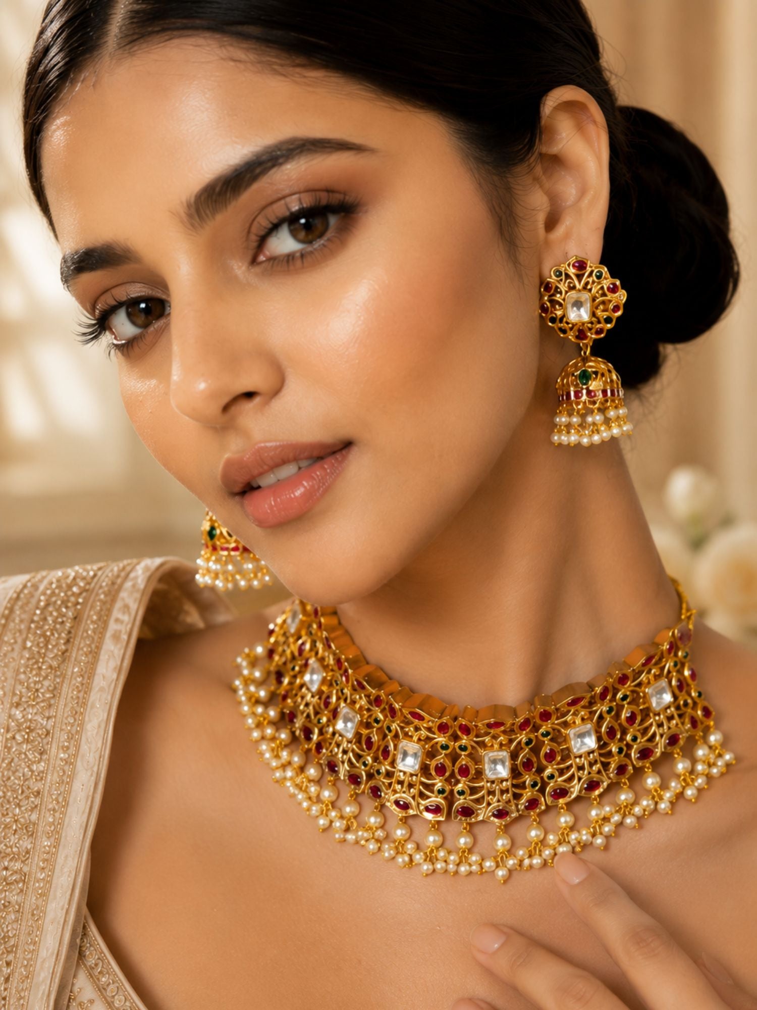 Traditional Bridal Gold Plated Kemp Choker Necklace Set | Abdesigns