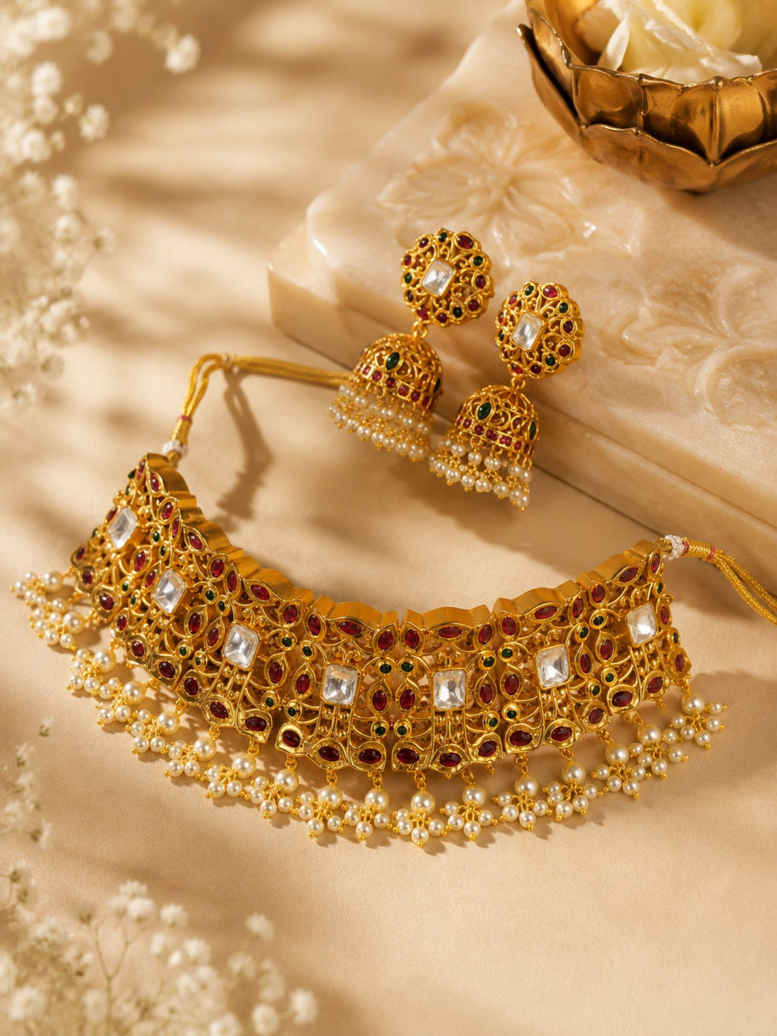 Traditional Bridal Gold Plated Kemp Choker Necklace Set | Abdesigns