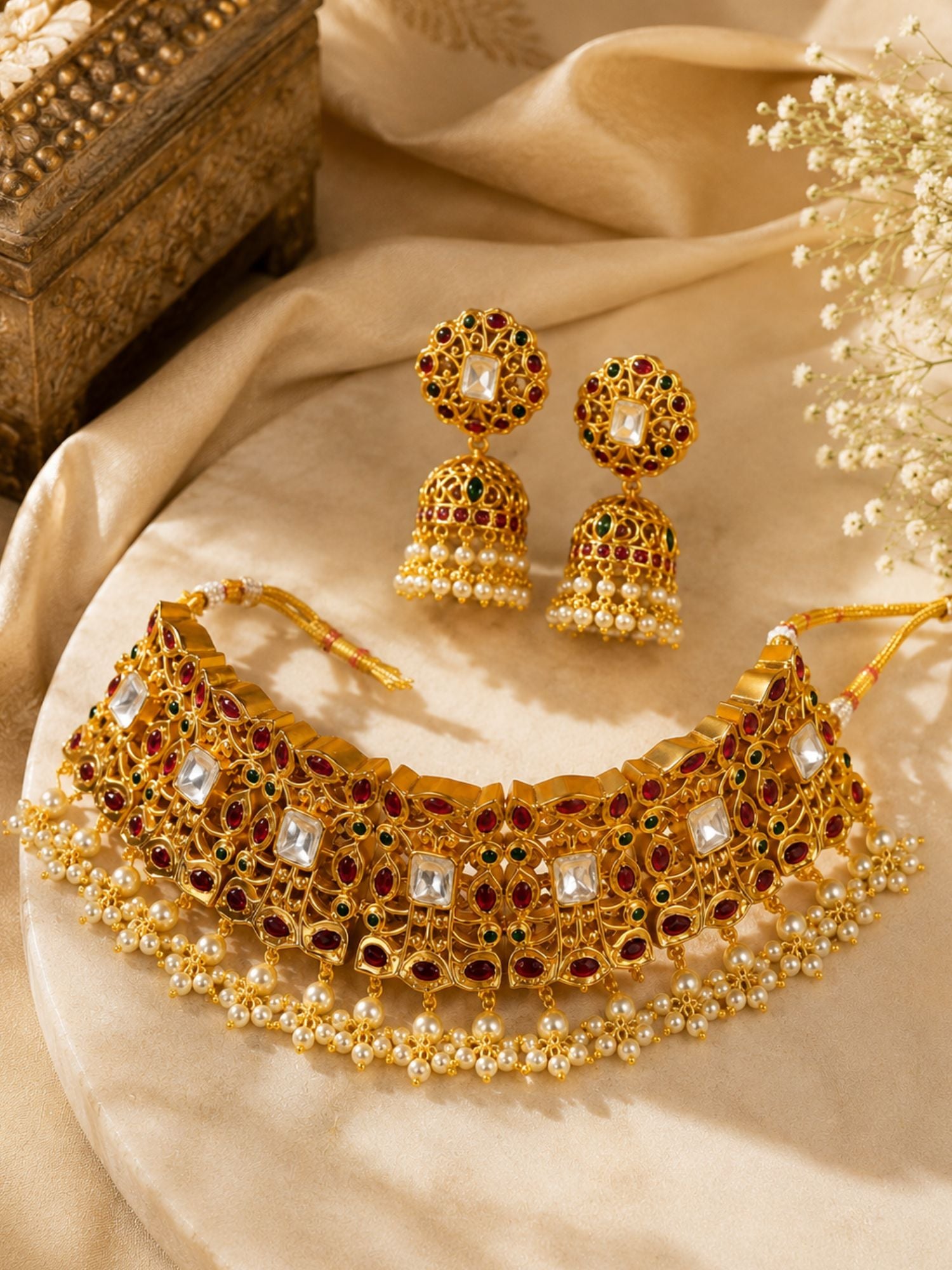 Traditional Bridal Gold Plated Kemp Choker Necklace Set | Abdesigns