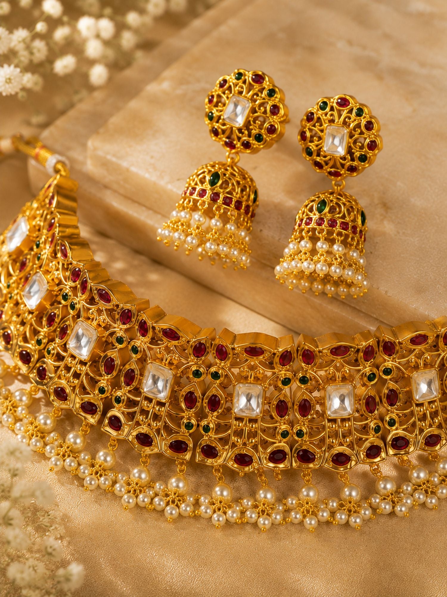 Traditional Bridal Gold Plated Kemp Choker Necklace Set | Abdesigns