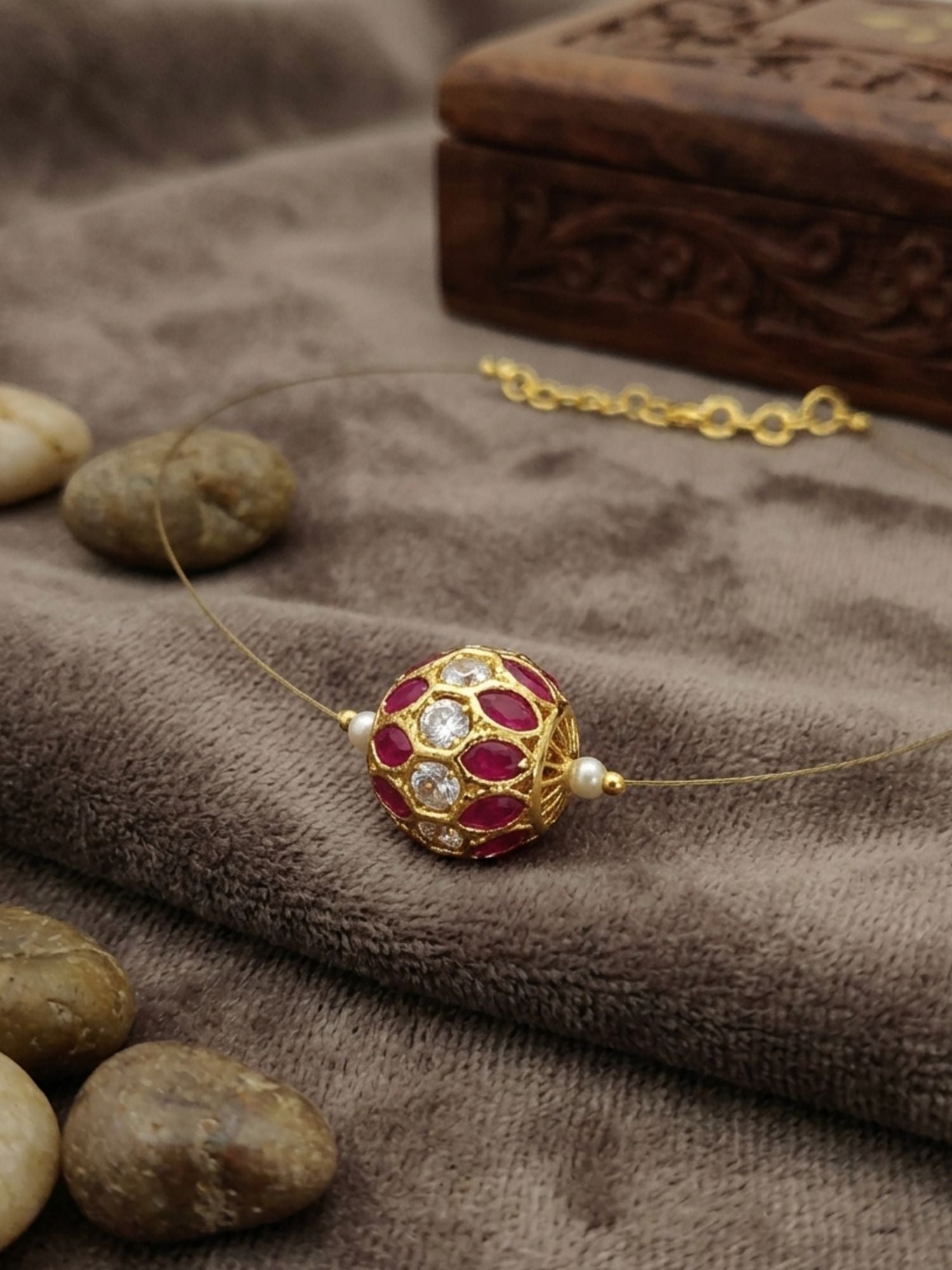 Abdesigns Minimal Gold Plated Necklace with Ruby Stone Charm