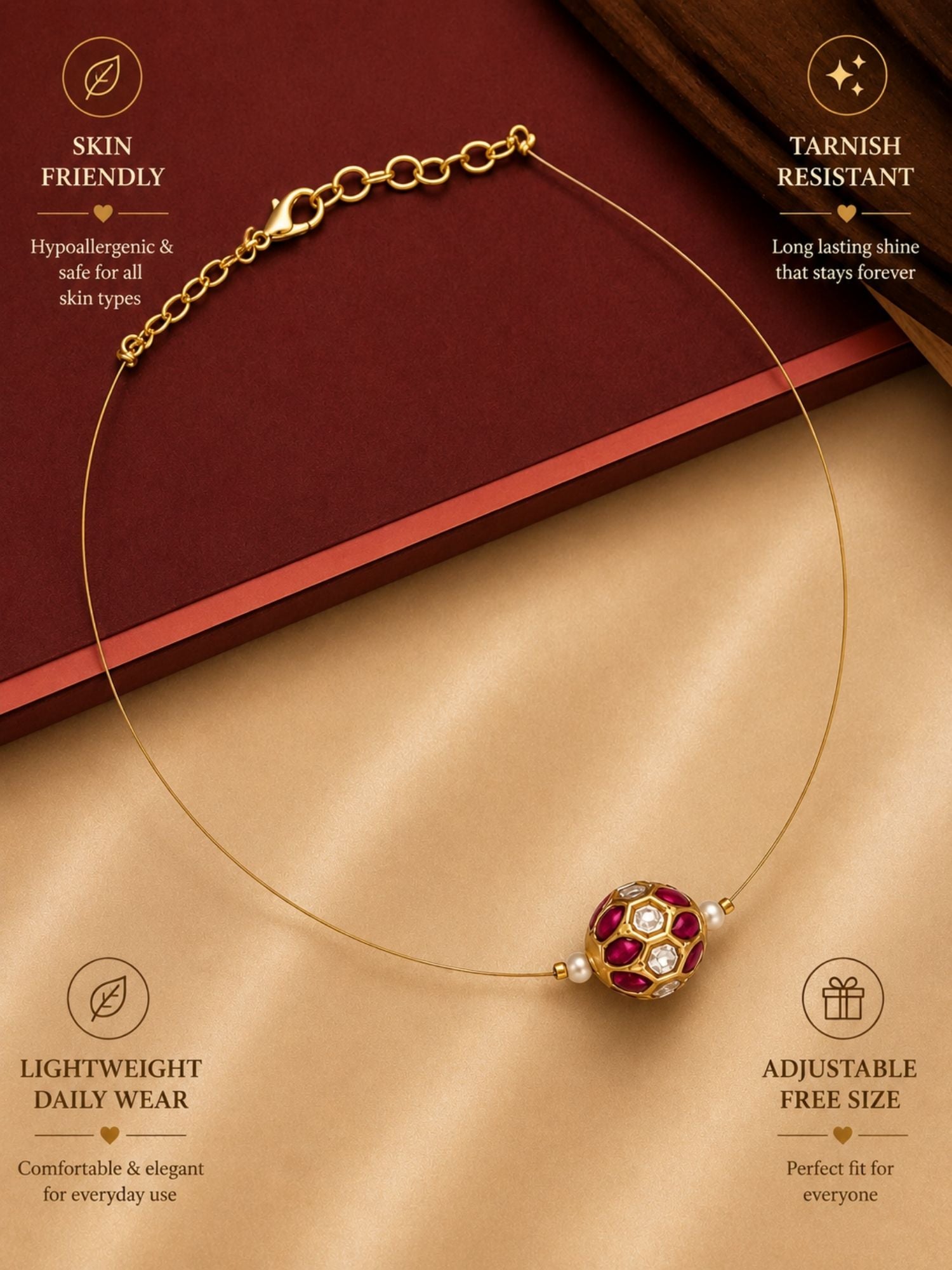 Abdesigns Minimal Gold Plated Necklace with Ruby Stone Charm