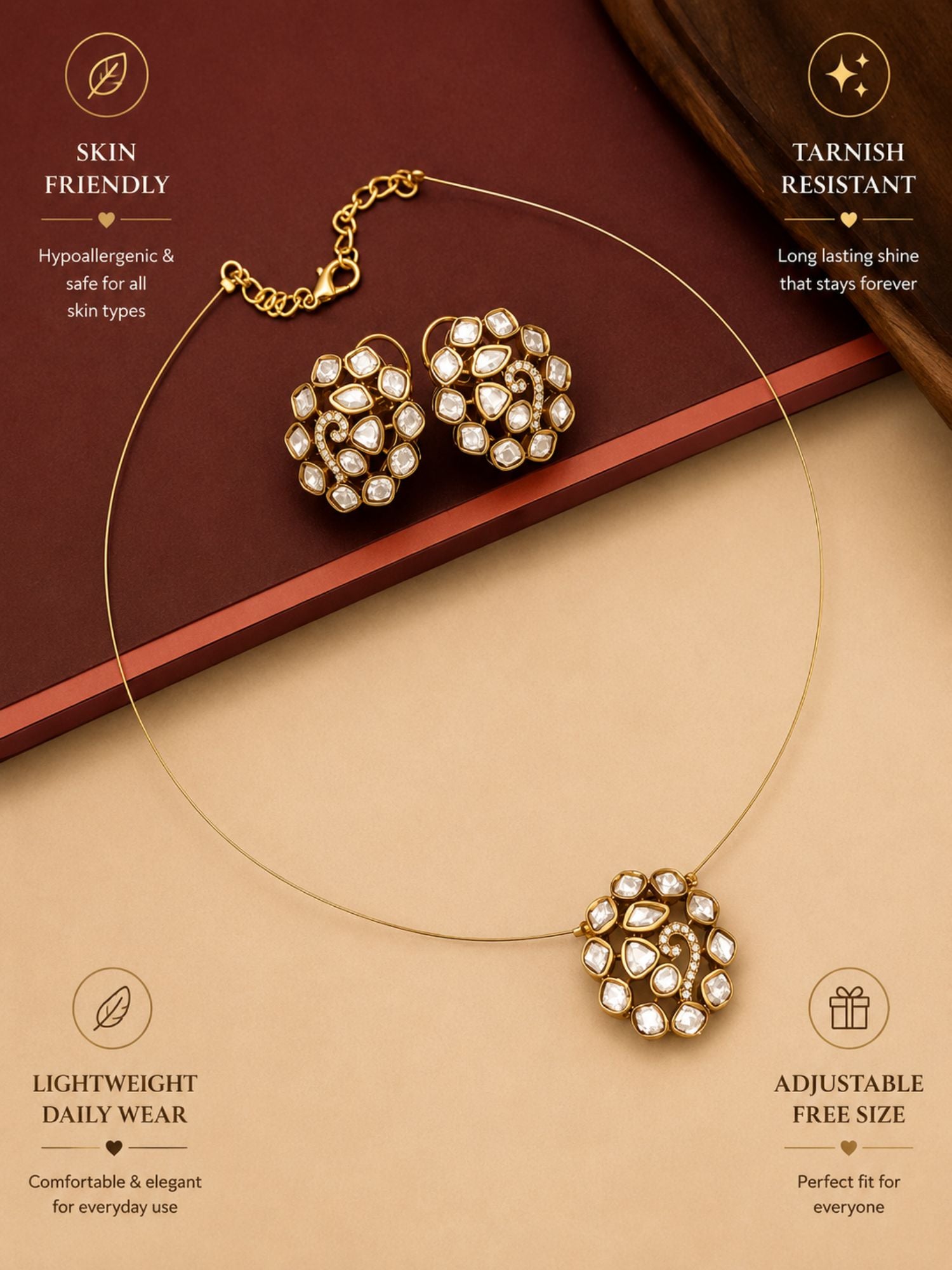 Abdesigns Minimal Gold Plated Necklace with Kundan Pendant & Stud Earrings Set