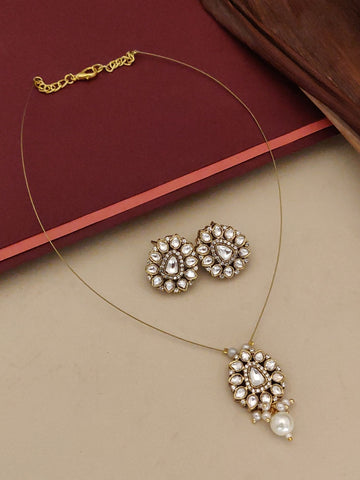 Abdesigns Minimal Gold Plated Invisible Necklace Polki Kundan Pendant Stud Earrings Set