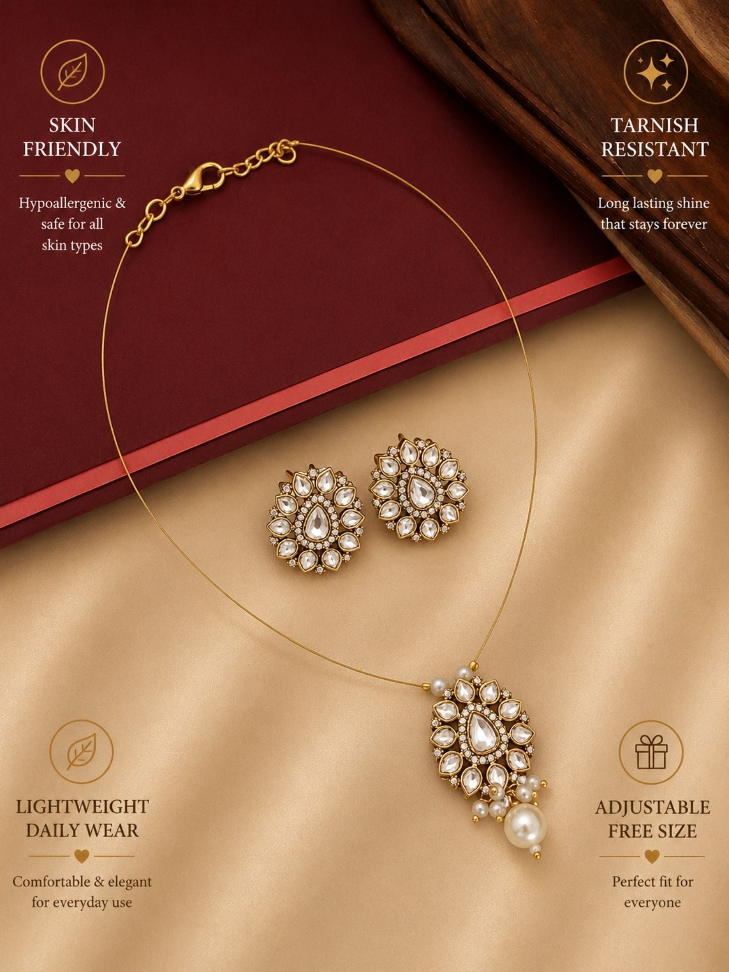 Minimal Gold Plated Invisible Necklace Polki Kundan Pendant Stud Earrings Set - necklace by Abdesigns Jewellery