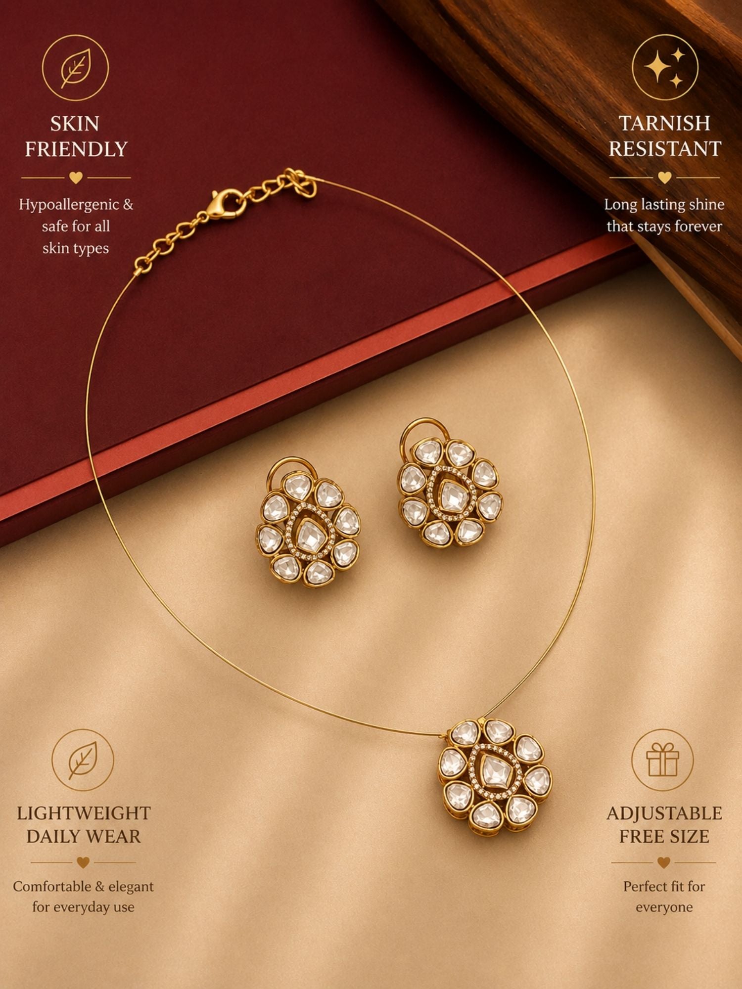 Abdesigns Minimal Gold Plated Invisible Necklace Kundan Pendant & Stud Earrings Set