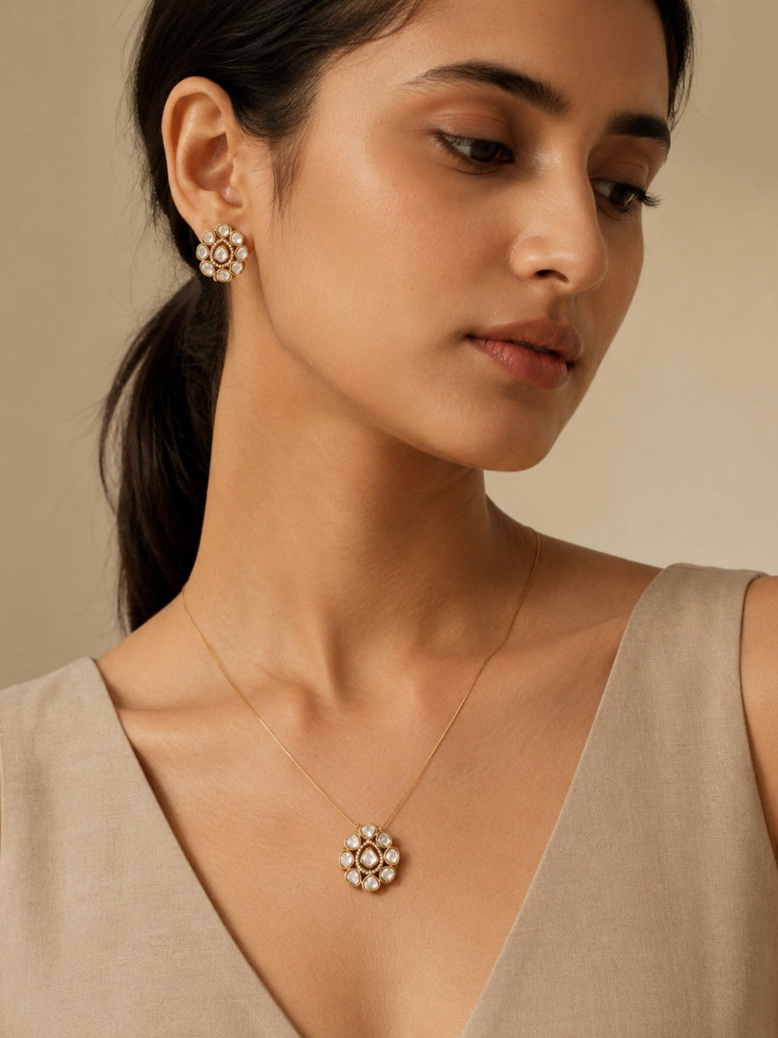 Abdesigns Minimal Gold Plated Invisible Necklace Kundan Pendant & Stud Earrings Set