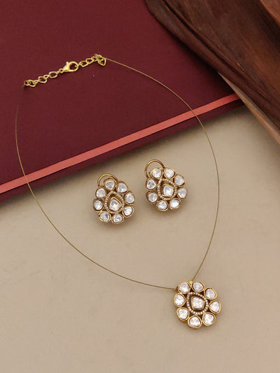 Abdesigns Minimal Gold Plated Invisible Necklace Kundan Pendant & Stud Earrings Set