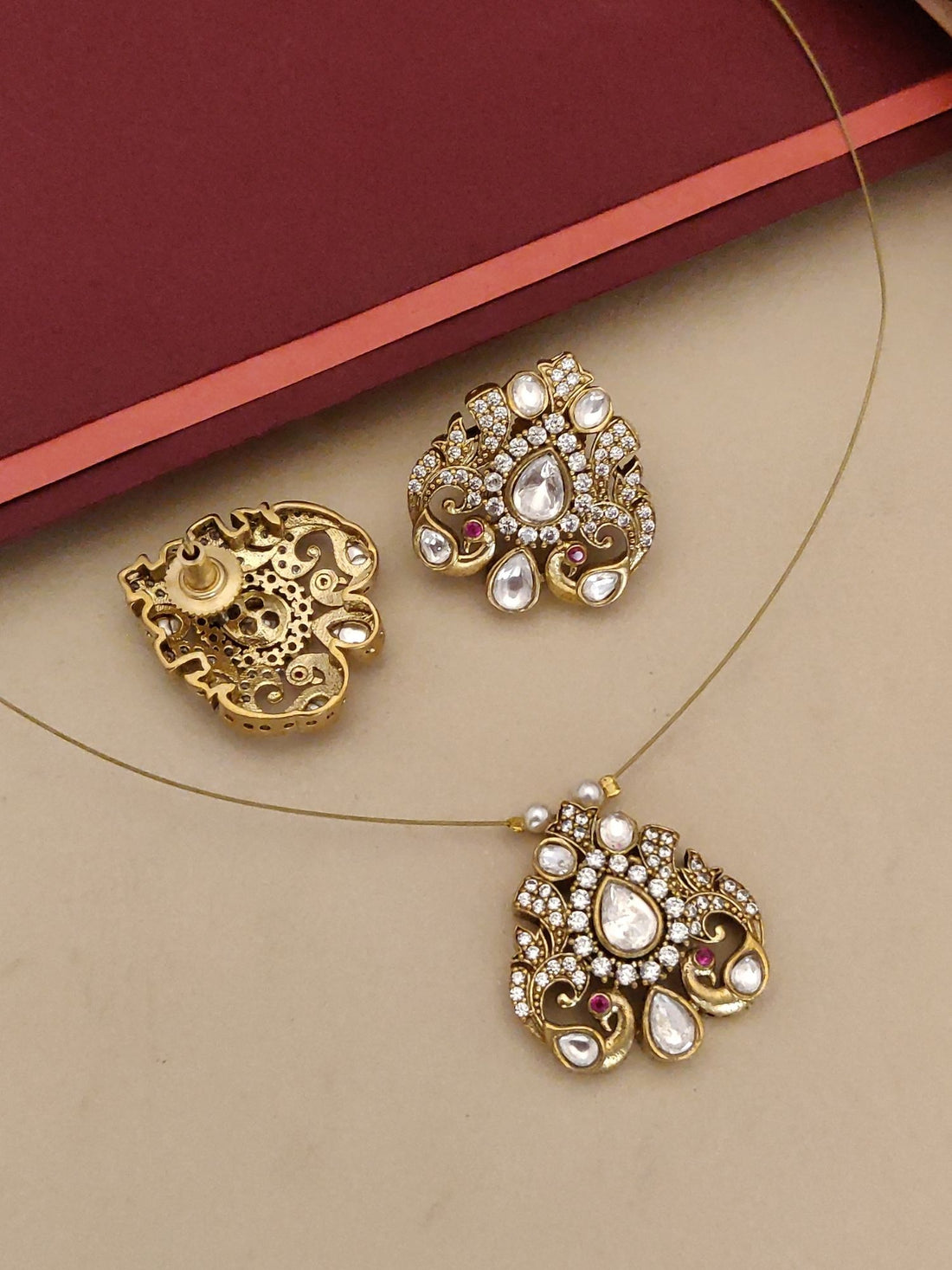 Abdesigns Minimal Gold Plated Invisible Peacock Necklace Pendant & Stud Earrings Set