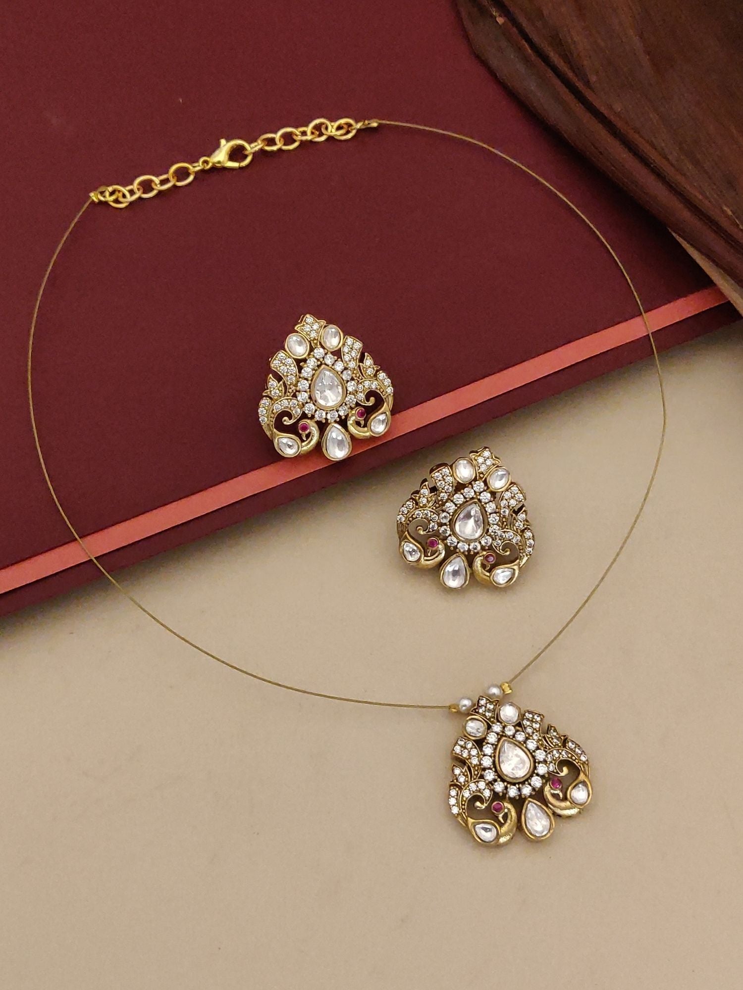 Abdesigns Minimal Gold Plated Invisible Peacock Necklace Pendant & Stud Earrings Set