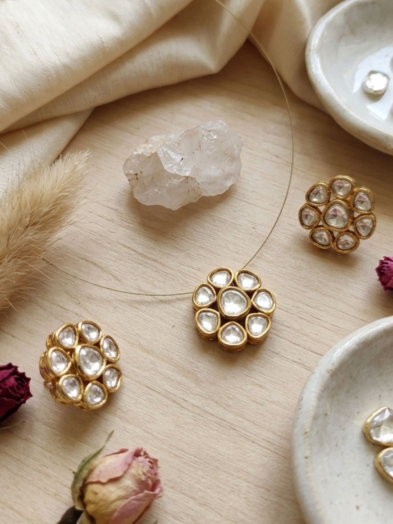 Abdesigns Minimal Gold Plated Invisible Necklace with Polki Kundan Pendant & Stud Earrings Set