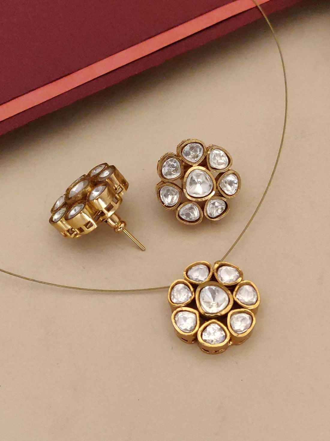 Abdesigns Minimal Gold Plated Invisible Necklace with Polki Kundan Pendant & Stud Earrings Set